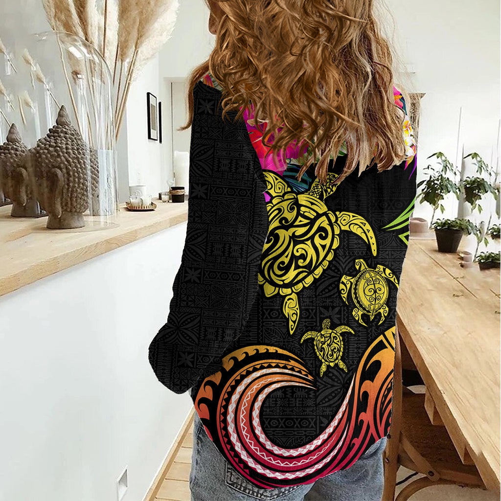 Hawaii Turtle Day Damen Freizeithemd Polynesian Tattoo und Hibiskusblüten LT03