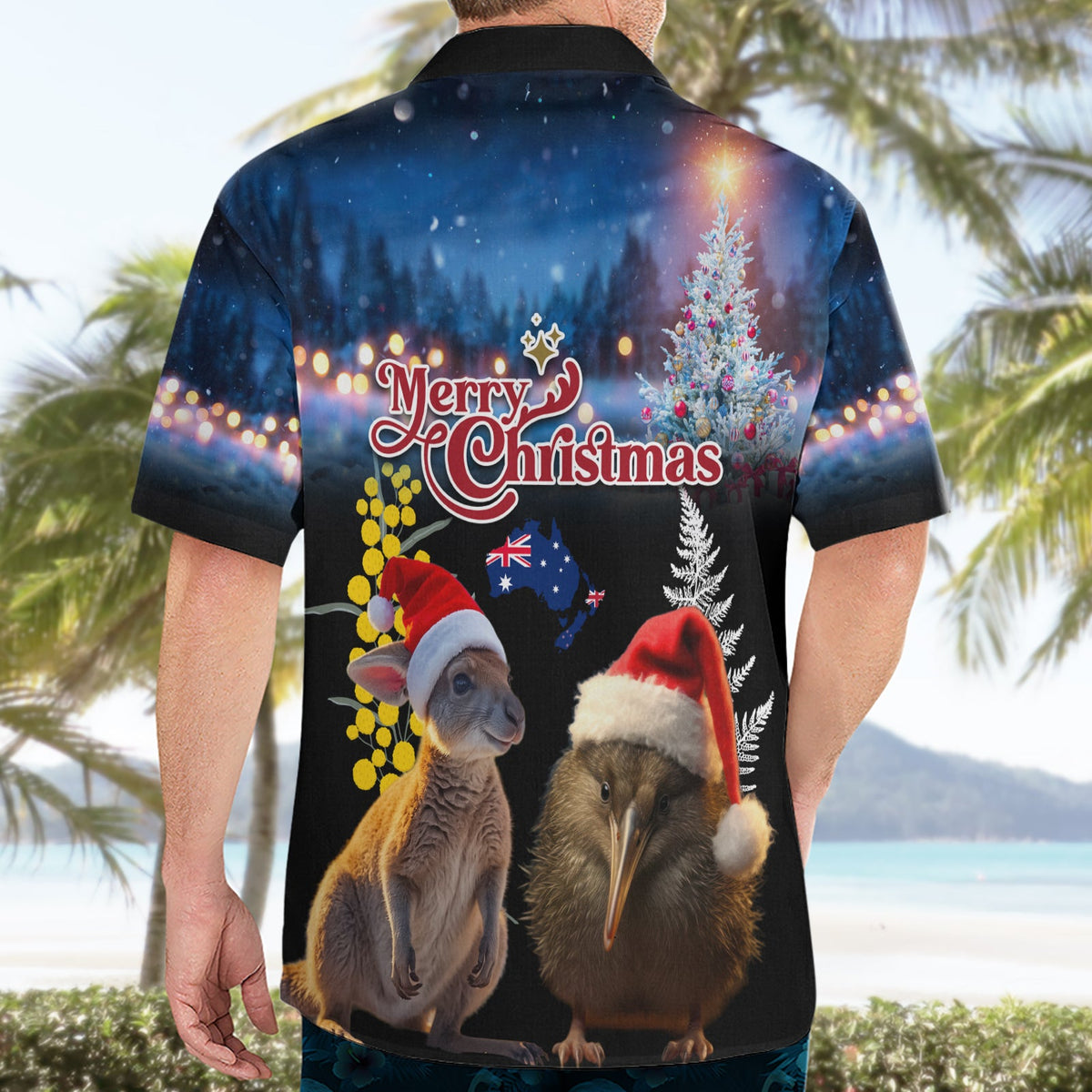 Neuseeland und Australien Frohe Weihnachten Hawaiian Shirt Kiwi Vogel und Känguru Xmas Vibe LT03