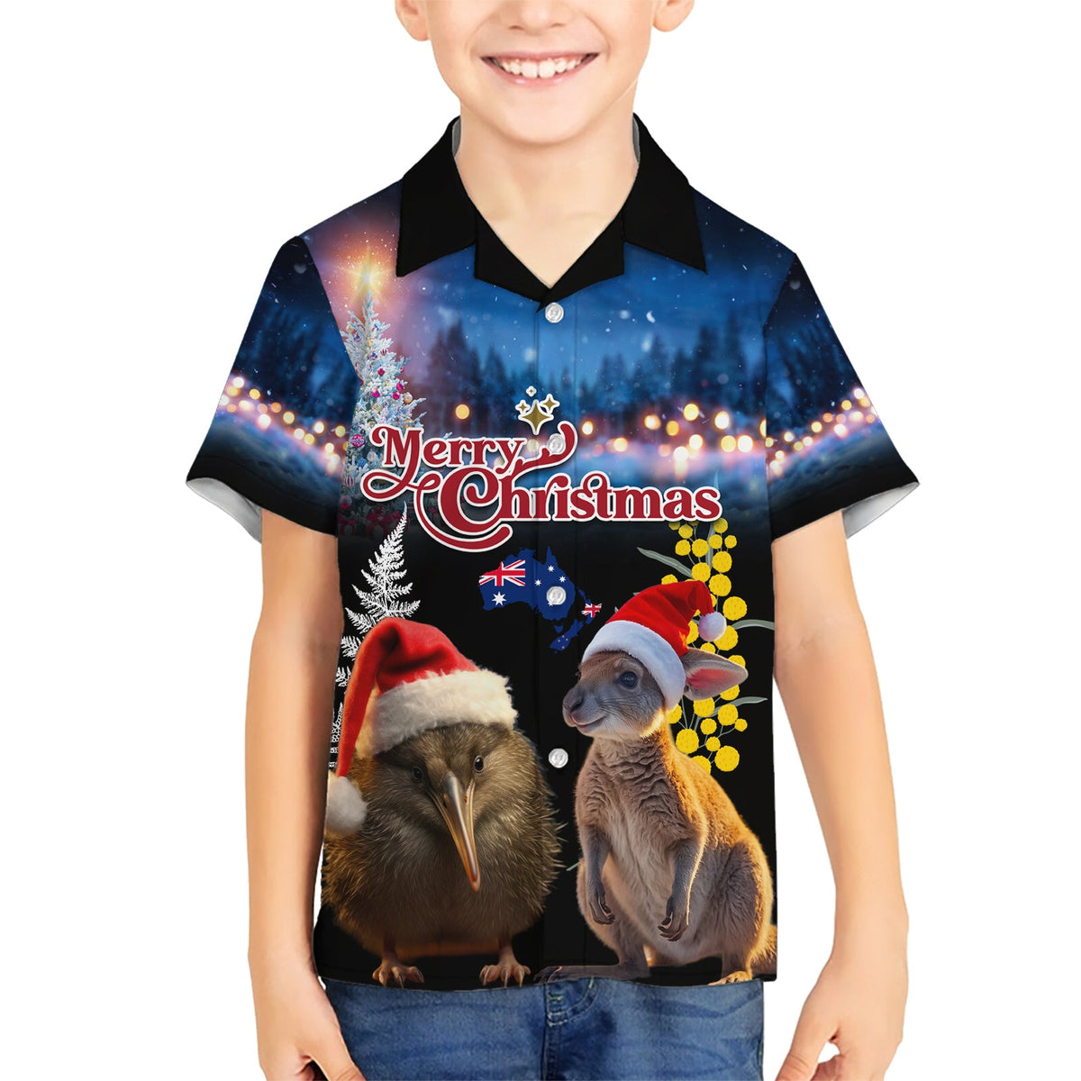 Neuseeland und Australien Frohe Weihnachten Hawaiian Shirt Kiwi Vogel und Känguru Xmas Vibe LT03