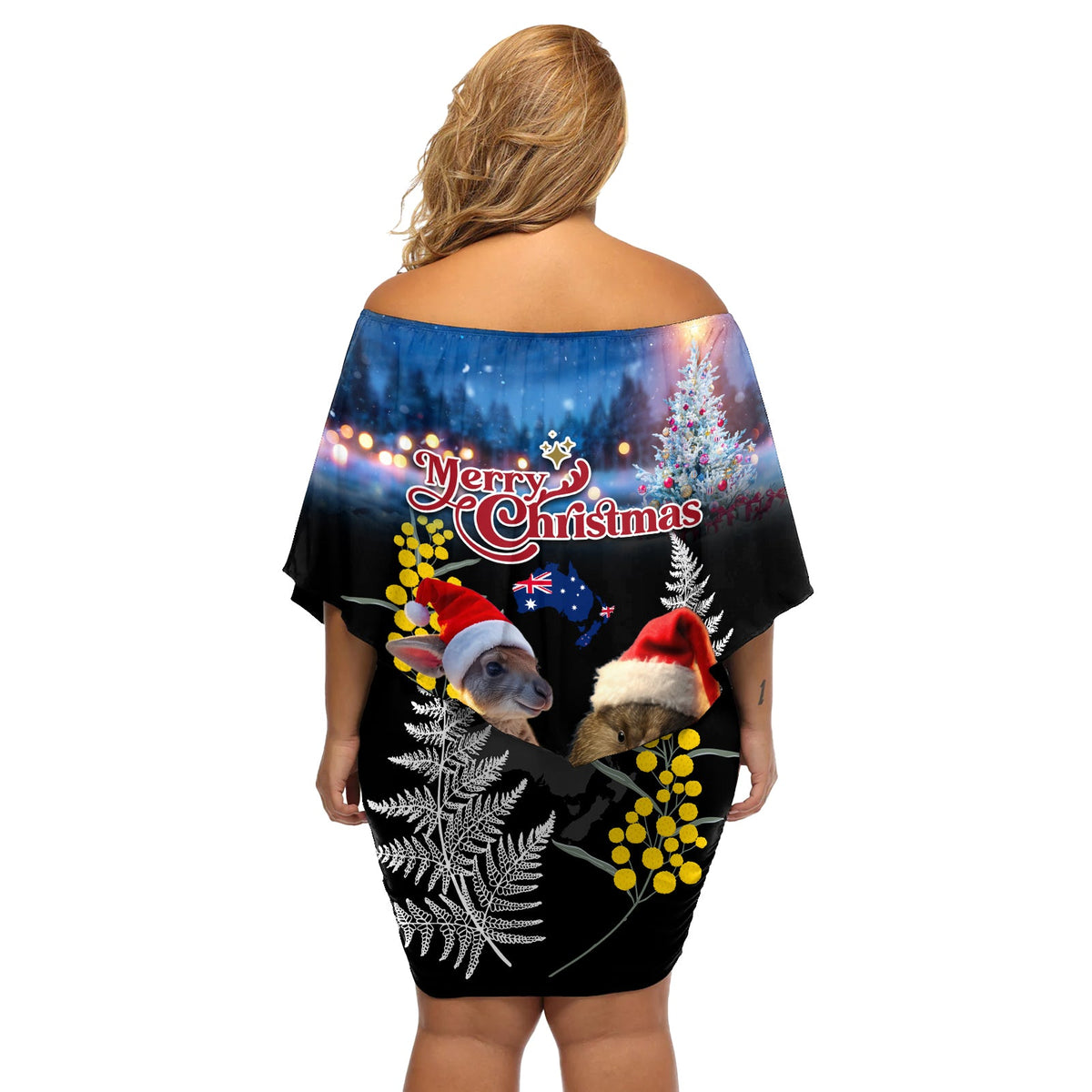 Neuseeland und Australien Frohe Weihnachten Schulterfreies Kurzes Kleider blumen Kiwi Vogel und Känguru Xmas Vibe LT03