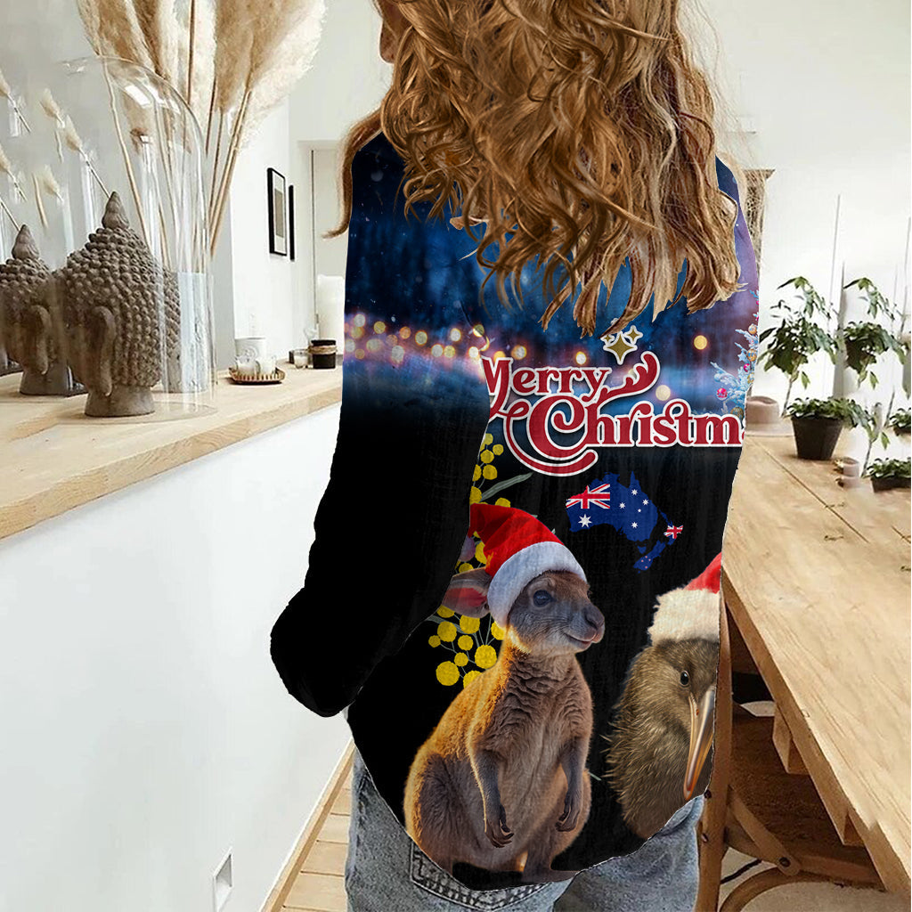 Neuseeland und Australien Frohe Weihnachten Frauen Casual Shirt Kiwi Vogel und Känguru Xmas Vibe LT03