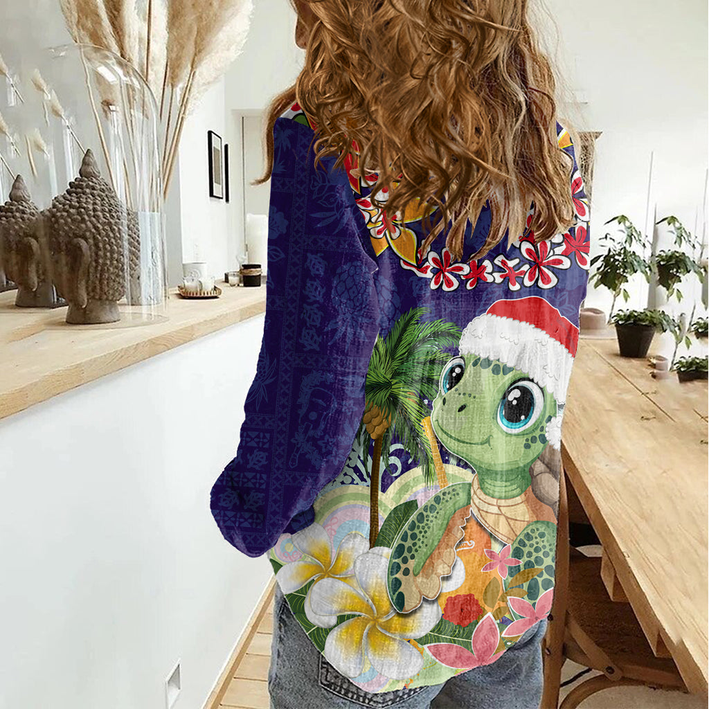 Hawaii Honu Mele Kalikimaka Damen Freizeithemd Santa Tropische Blume Aloha Sommer Blau Version LT03