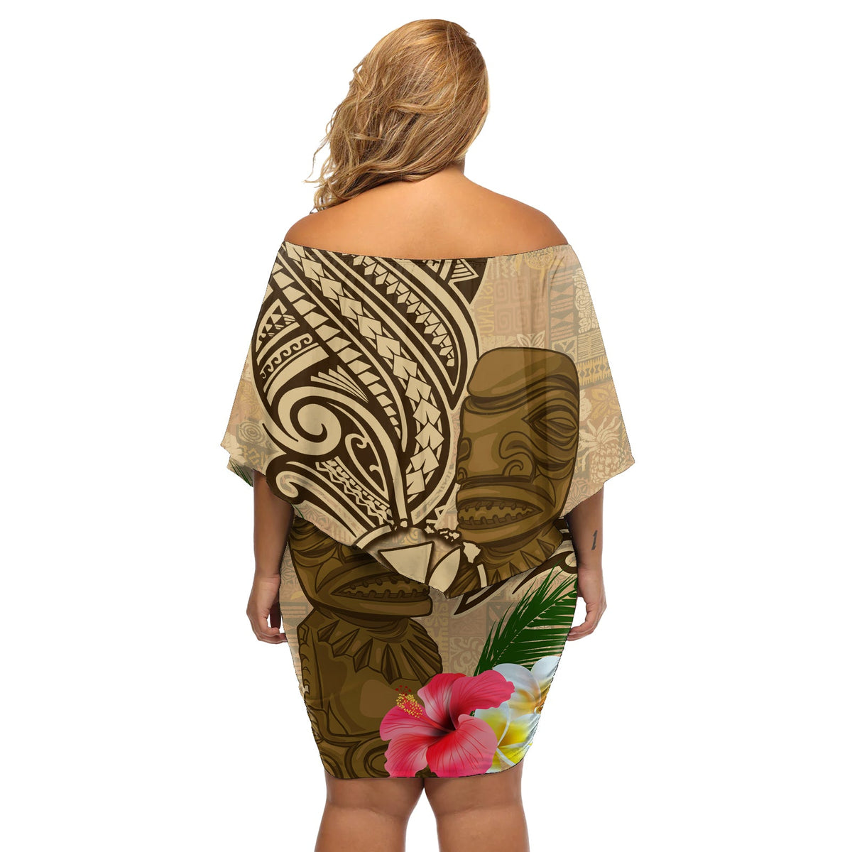 Hawaii Kanaloa Tiki Off Shoulder Kurzes blumen kleid Polynesisches Tattoo und Tapa Muster LT03