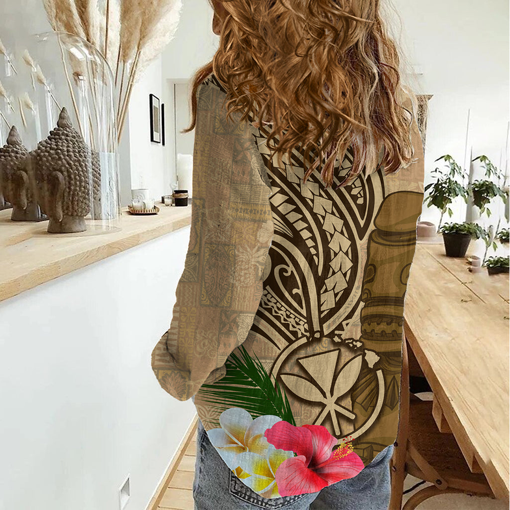 Hawaii Kanaloa Tiki Damen Freizeithemd Polynesisches Tattoo und Tapa Muster LT03