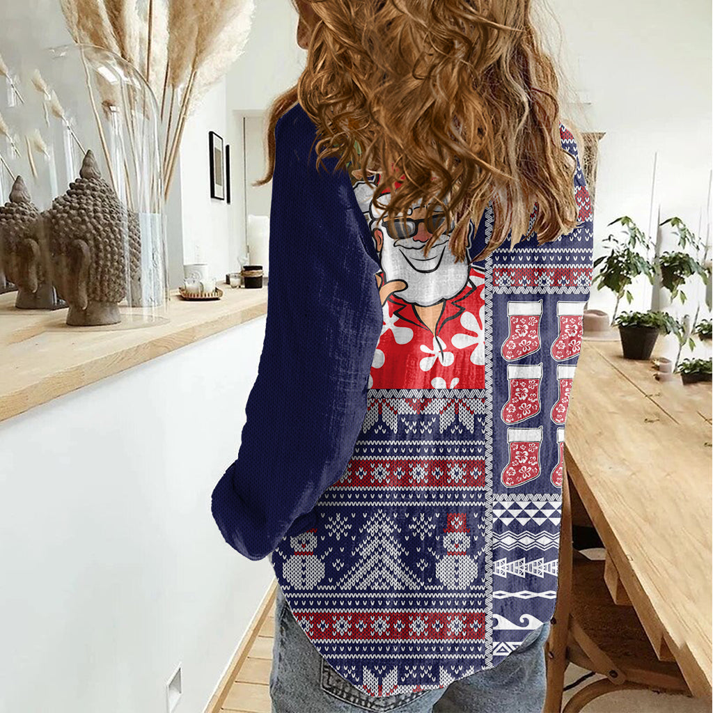 Hawaii Mele Kalikimaka Damen Freizeithemd Aloha und Weihnachtselemente Patchwork Blau Style LT03