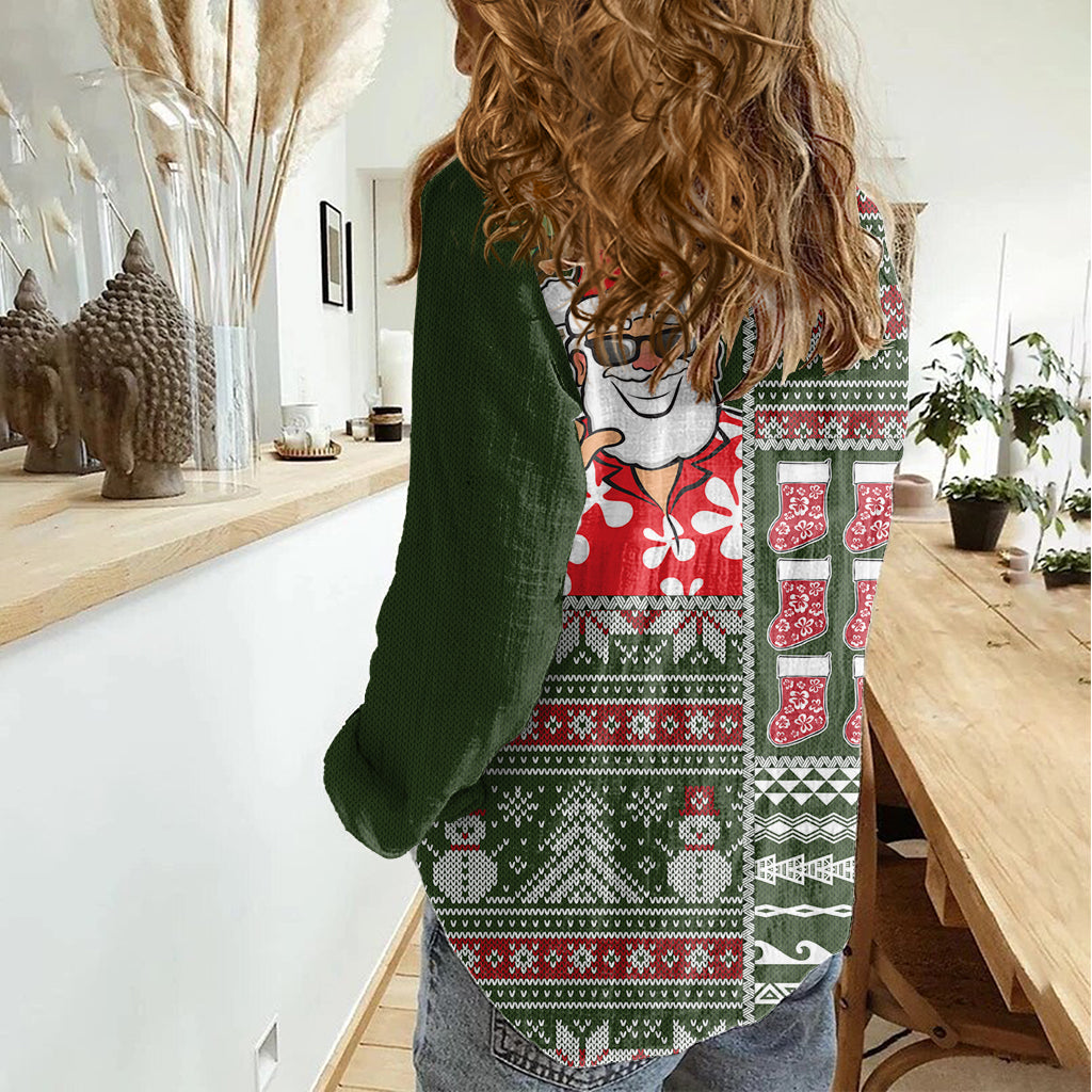 Hawaii Mele Kalikimaka Damen Freizeithemd Aloha und Weihnachtselemente Patchwork Grün Style LT03