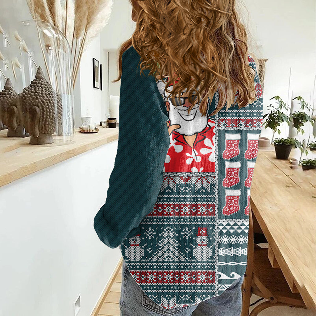 Hawaii Mele Kalikimaka Damen Freizeitshirt Aloha und Weihnachtselemente Patchwork Türkis Style LT03