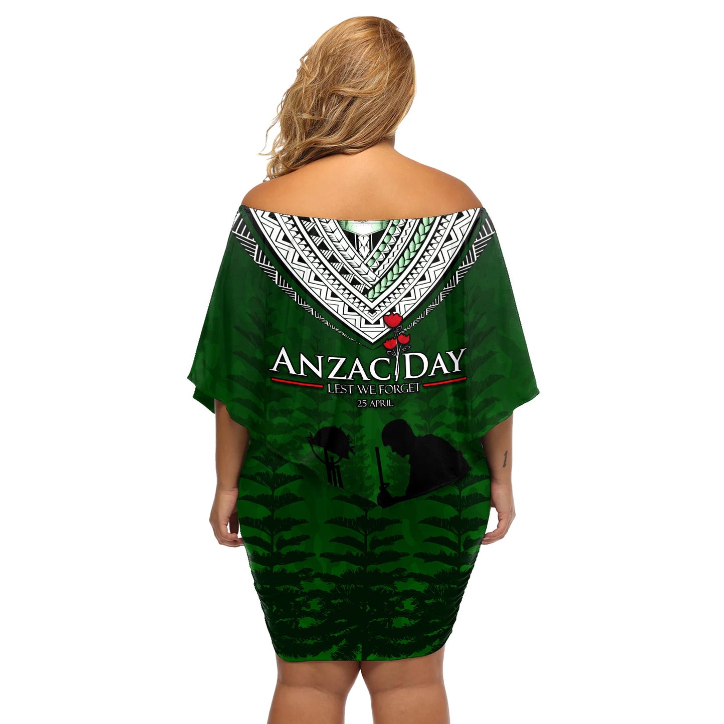 Norfolkinsel ANZAC Day Schulterfreies kurzes Kleid blumen Soldat Lest We Forget Camouflage LT03
