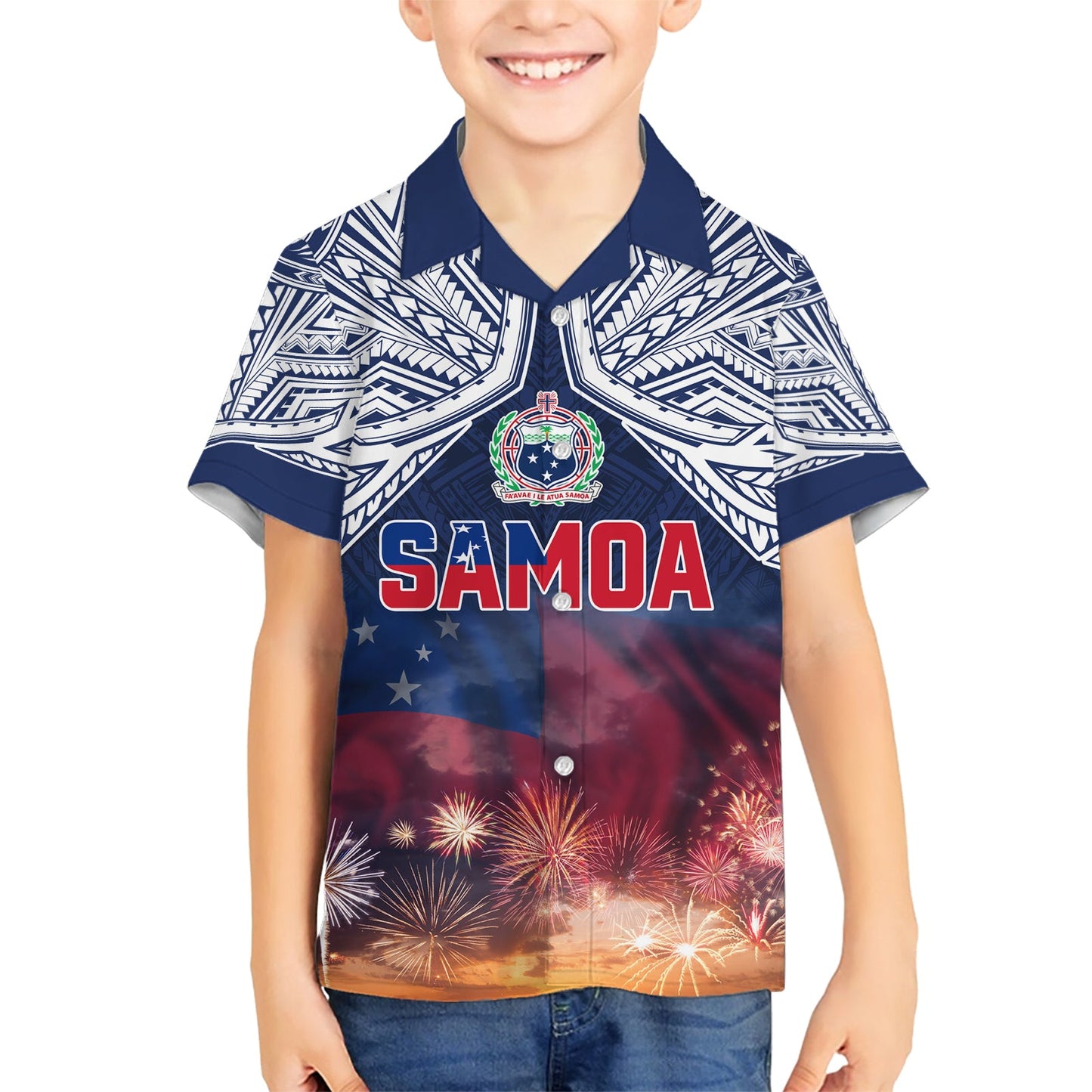 Samoa Unabhängigkeitstag Hawaiihemd Himmel Feuerwerk mit Flagge Stil LT03