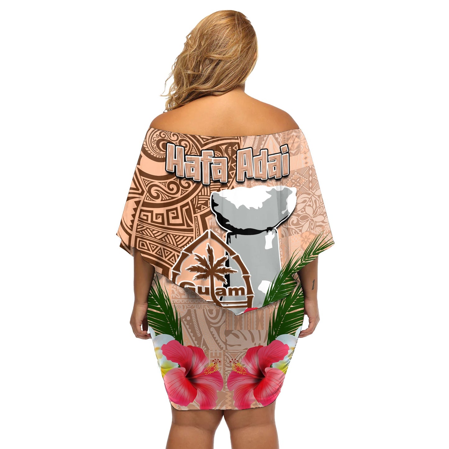Guam Seal und Latte Stone mit ethnischem Tapa-Muster, schulterfreies kurzes Kleid blumen, Pfirsichflaumfarbe, LT03