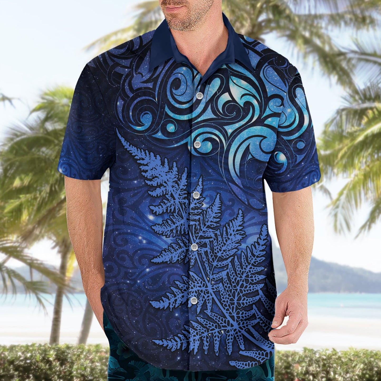 Neuseeländisches Matariki Hawaiihemd mit Maori-Muster und silbernem Farn LT03