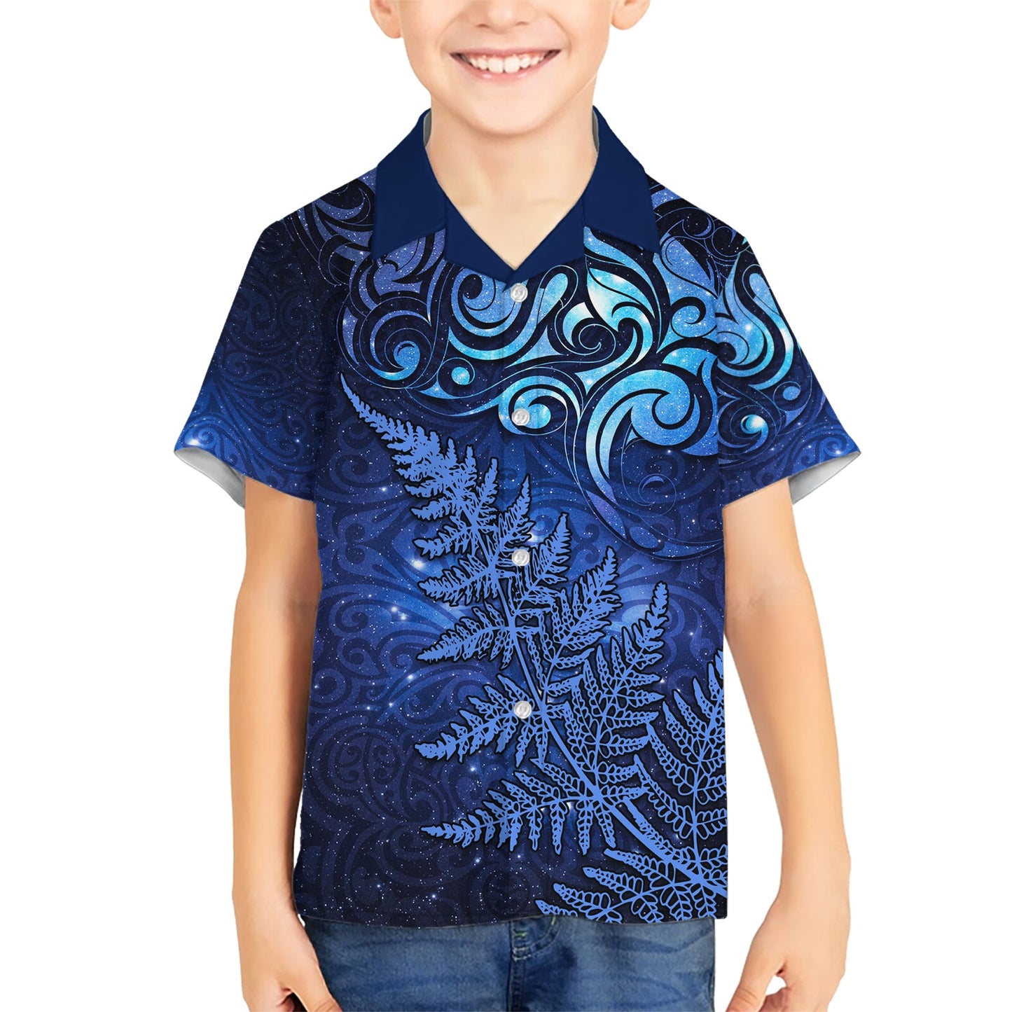 Neuseeländisches Matariki Hawaiihemd mit Maori-Muster und silbernem Farn LT03