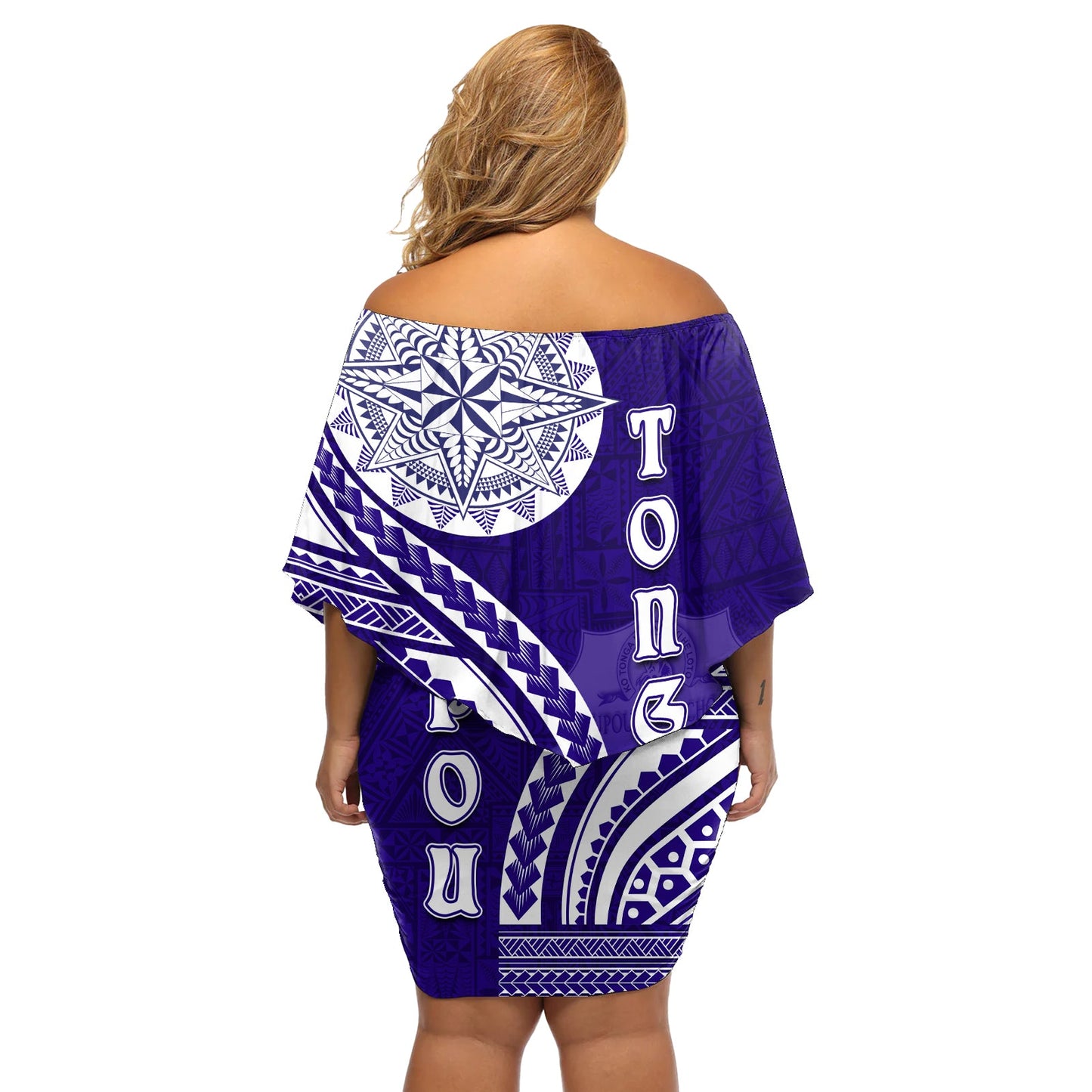 Tupou College Toloa schulterfreies kurzes Kleid mit blumen mit Ngatu- und polynesischem Muster LT03