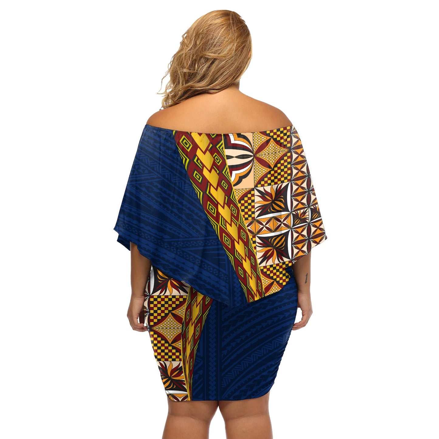 Samoanisches Siapo-Schulterfreies kurzes Kleid blumen, Tatau-Muster, Halbstil LT03