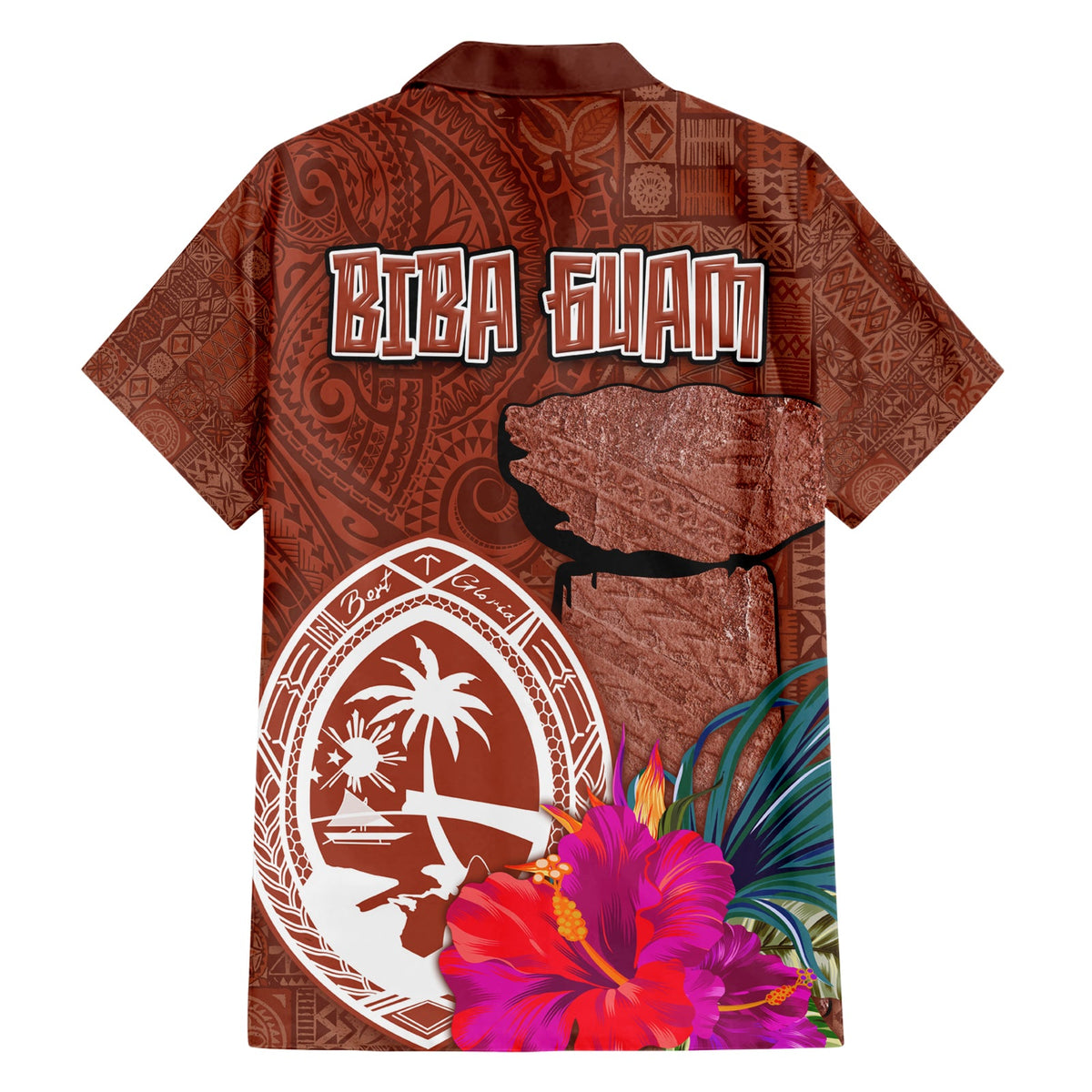 Chamorro Biba Guam Hawaiihemd Latte Stone Tribal und Hibiskusblüten-Tapa-Muster LT03