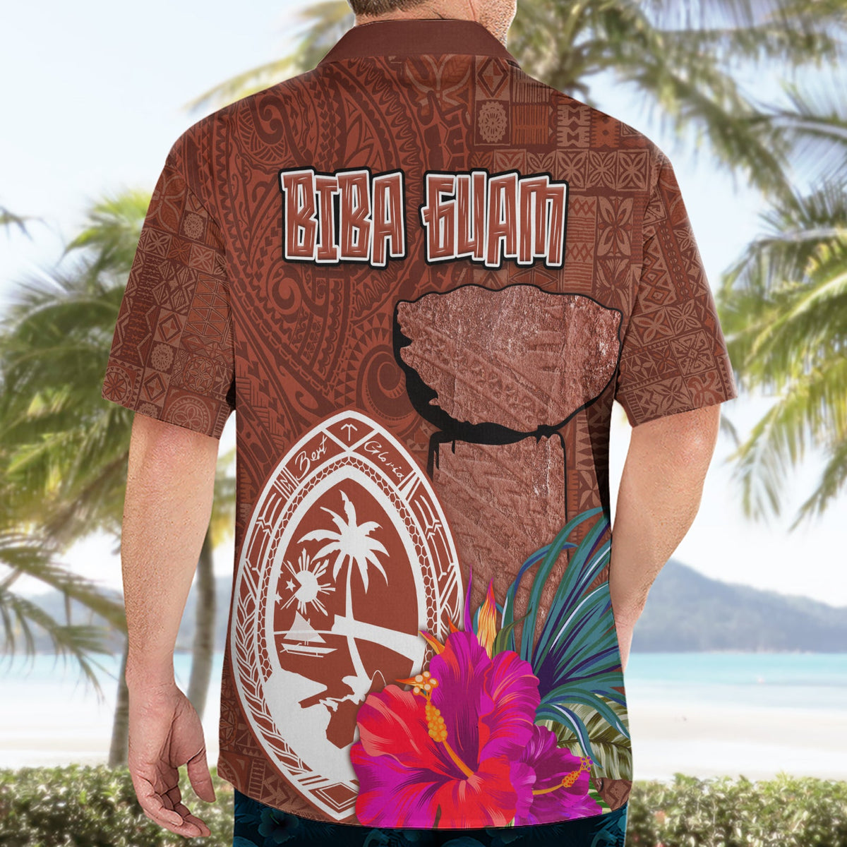 Chamorro Biba Guam Hawaiihemd Latte Stone Tribal und Hibiskusblüten-Tapa-Muster LT03