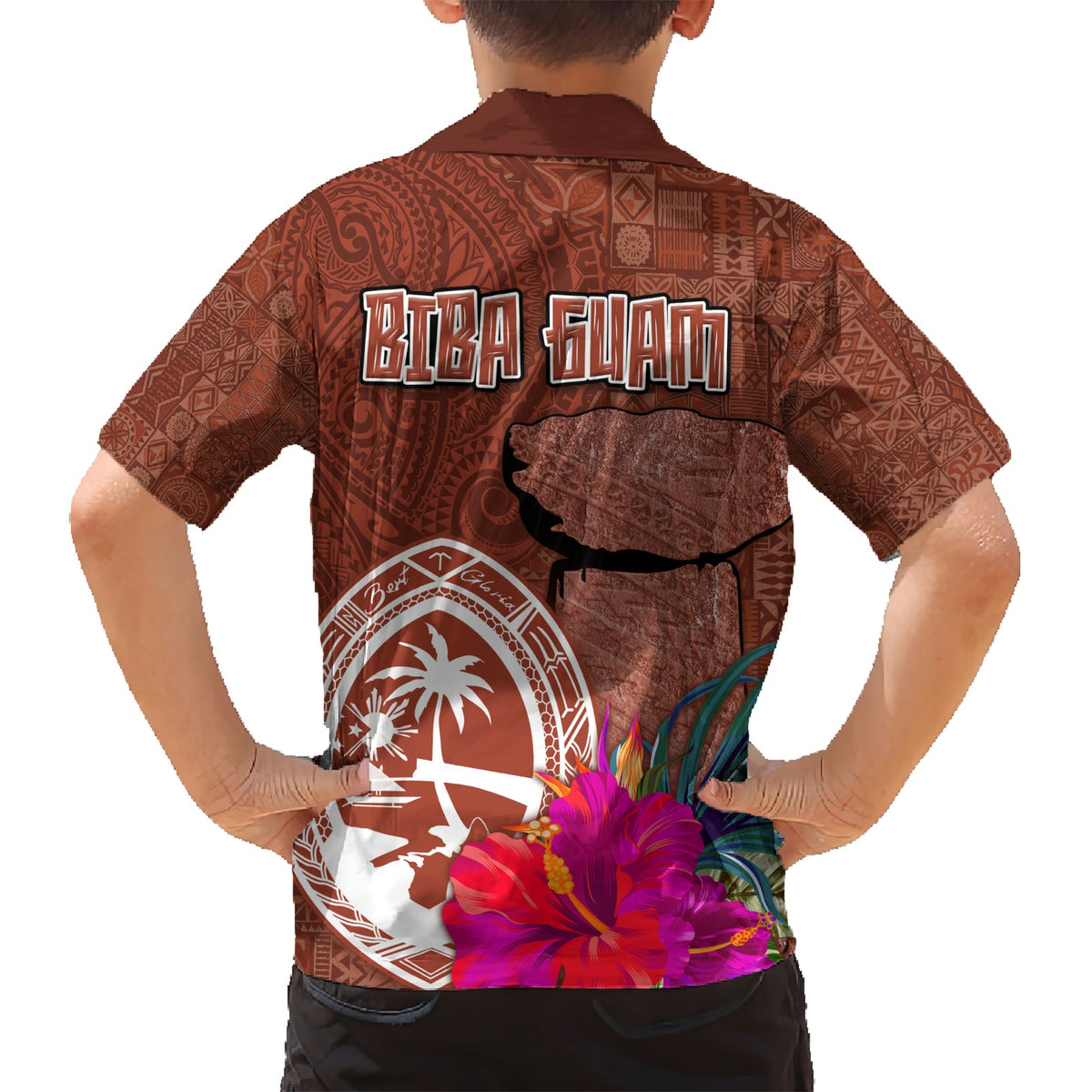 Chamorro Biba Guam Hawaiihemd Latte Stone Tribal und Hibiskusblüten-Tapa-Muster LT03