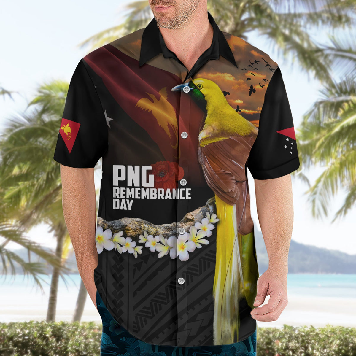 Papua-Neuguinea Gedenktag Hawaiihemd Paradiesvogel Plumeria Blume und polynesisches Muster LT03