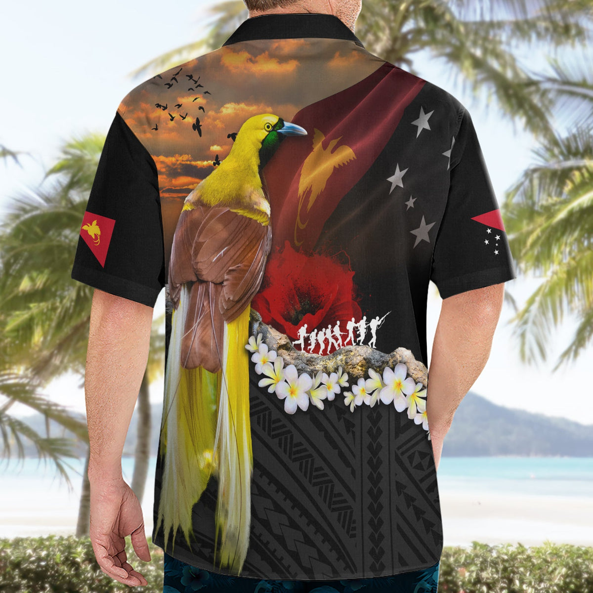 Papua-Neuguinea Gedenktag Hawaiihemd Paradiesvogel Plumeria Blume und polynesisches Muster LT03