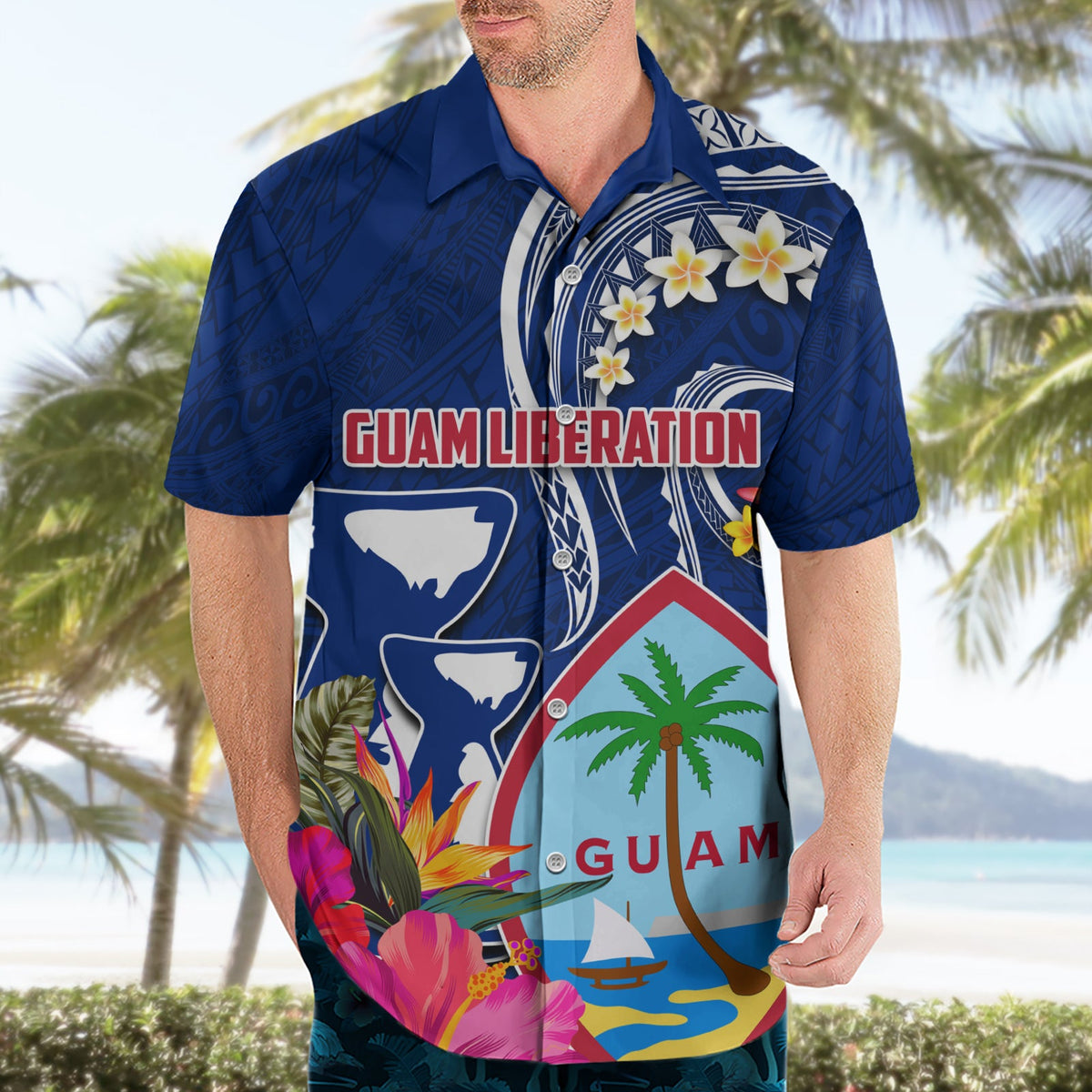 Personalisiertes Guam Liberation Hawaiihemd Latte Stone und Guahan Seal Jungle Flower LT03