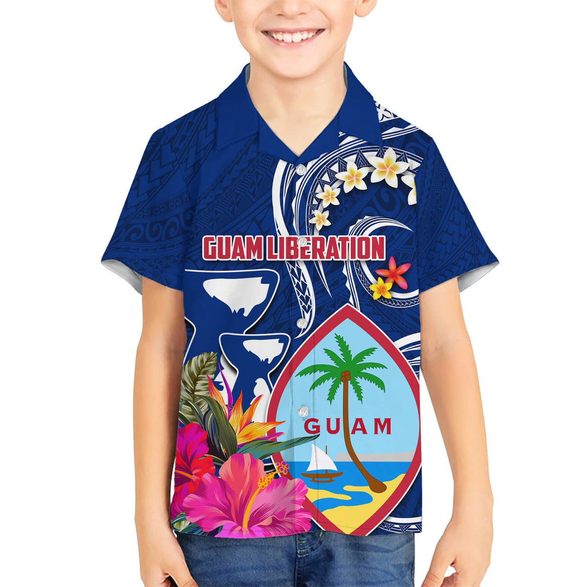 Personalisiertes Guam Liberation Hawaiihemd Latte Stone und Guahan Seal Jungle Flower LT03