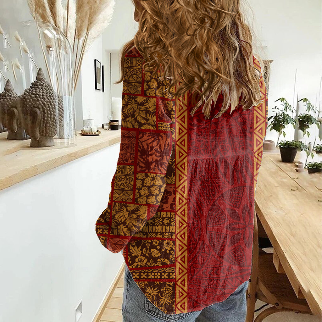 Hawaii Style Hibiskus und Tribal Element Stoff Patchwork Damen Freizeithemd LT03