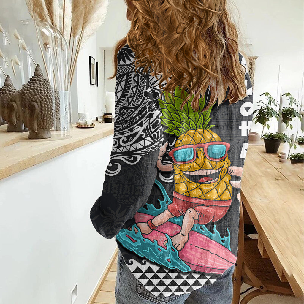 Hawaii Ananas Surfen mit Kakau Tribal Damen Freizeithemd LT03