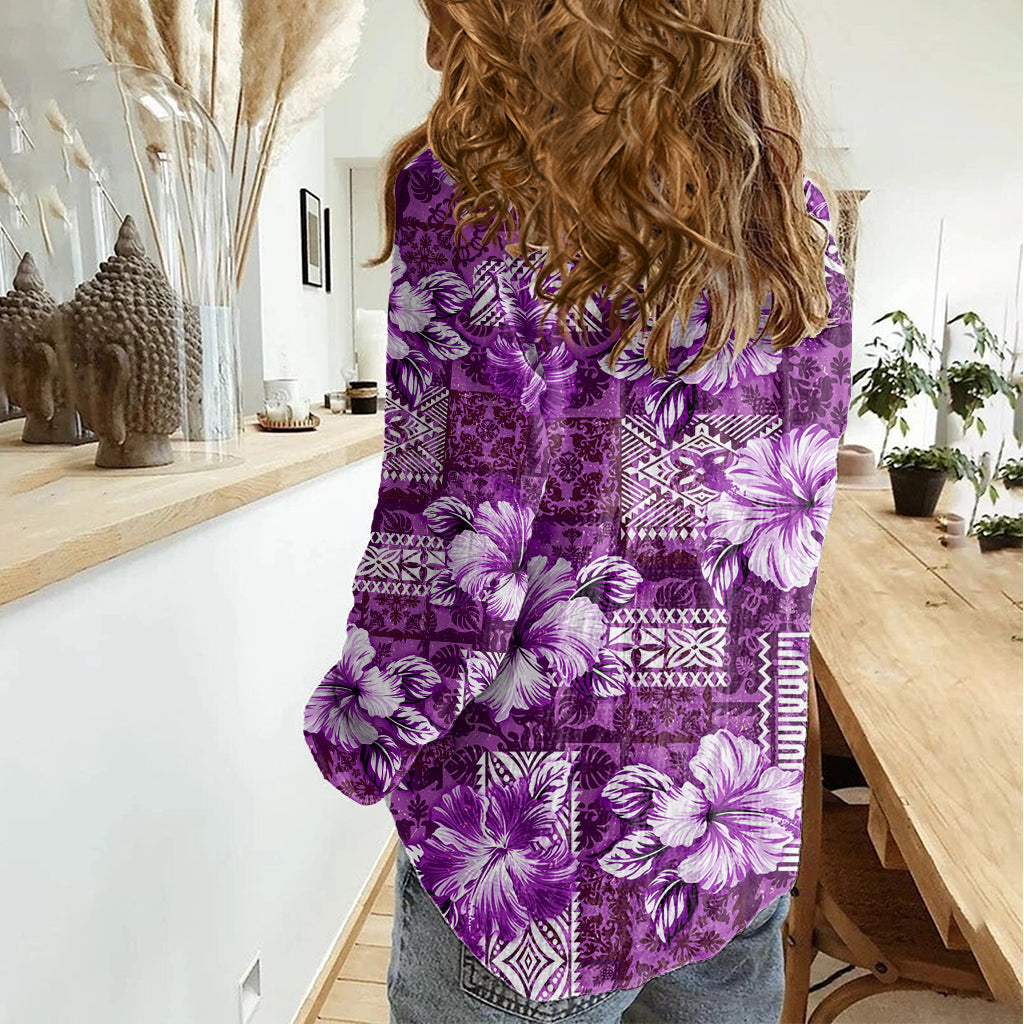Hawaiianisches Quiltmuster Damen Freizeithemd Hibiskus und Tribal-Element Vintage Purple Vibe LT03