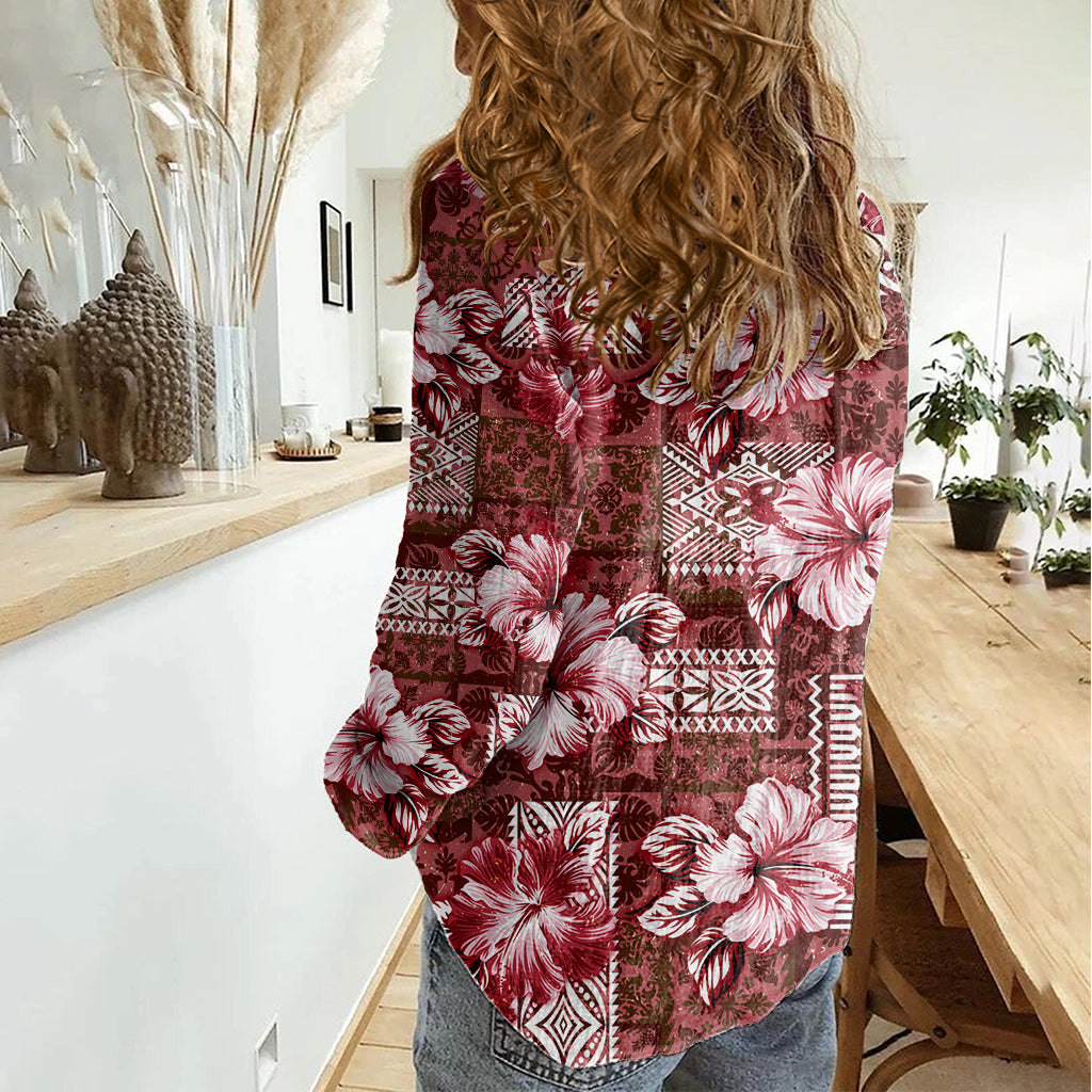 Hawaiianisches Quiltmuster Damen Freizeithemd Hibiskus und Tribal-Element Vintage Red Vibe LT03