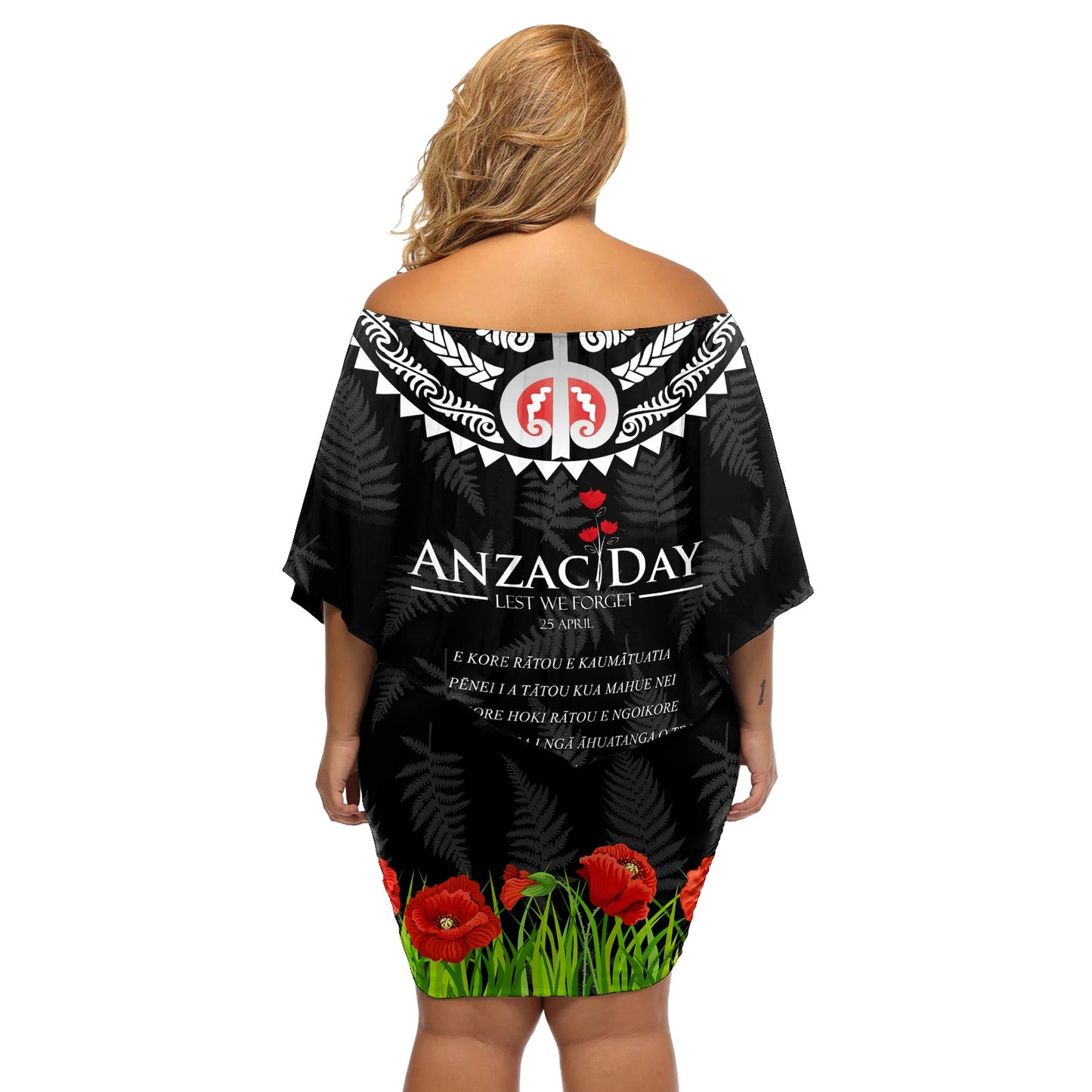 Neuseeland ANZAC Day Schulterfreies Kurzes Kleid blumen Lest We Forget Haka Dance Respect LT03