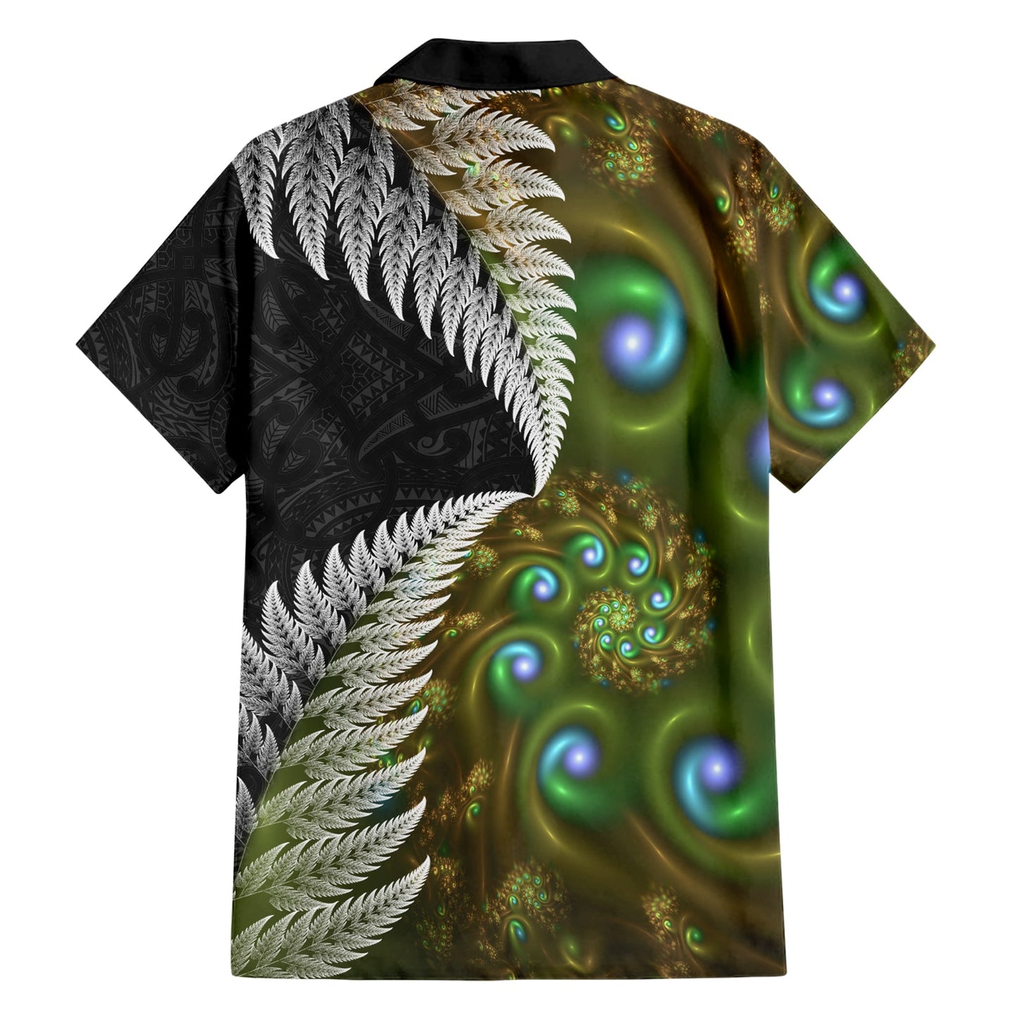 Neuseeländisches Hawaiihemd Koru Abstrakte Kunst und Silberfarn Maori Muster LT03