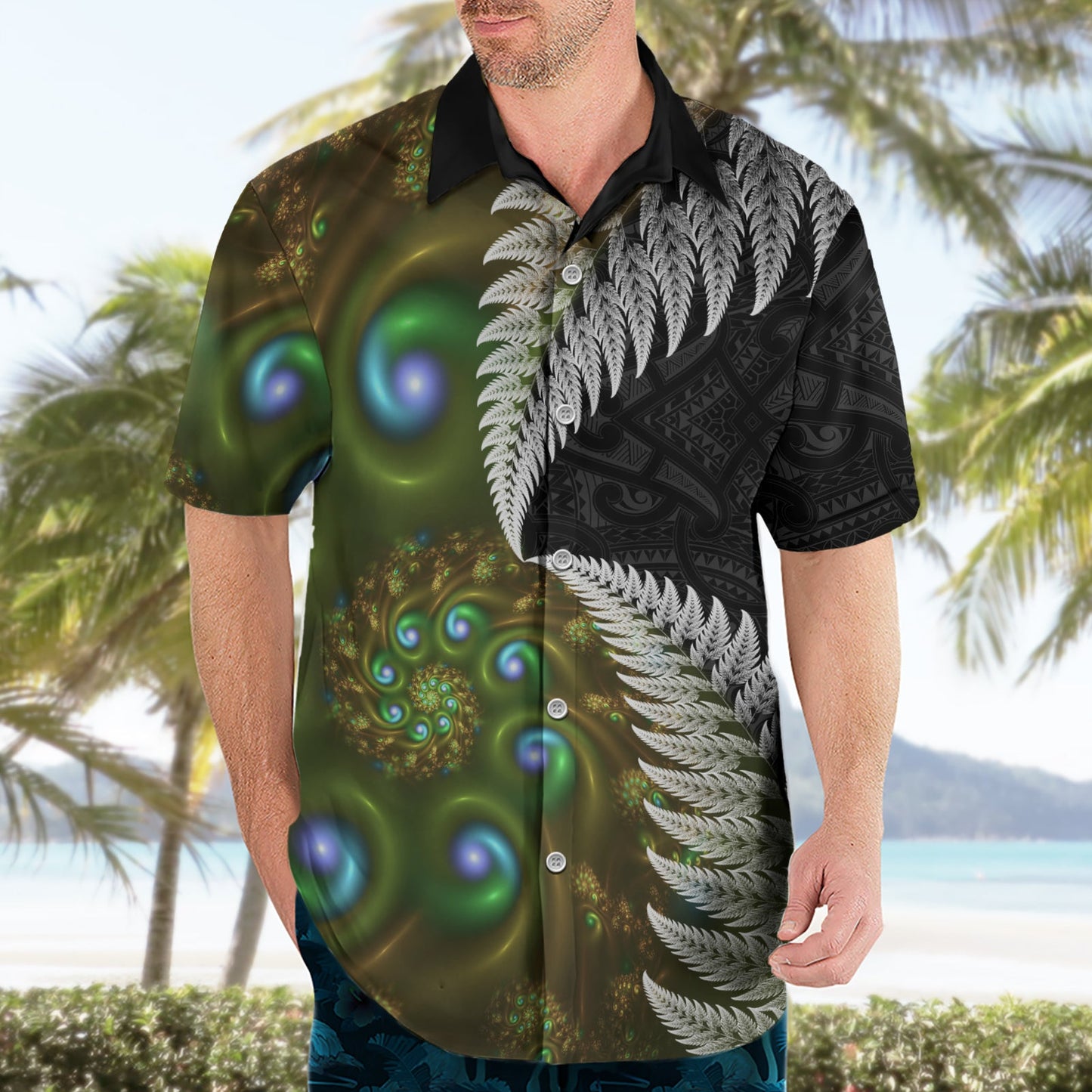 Neuseeländisches Hawaiihemd Koru Abstrakte Kunst und Silberfarn Maori Muster LT03