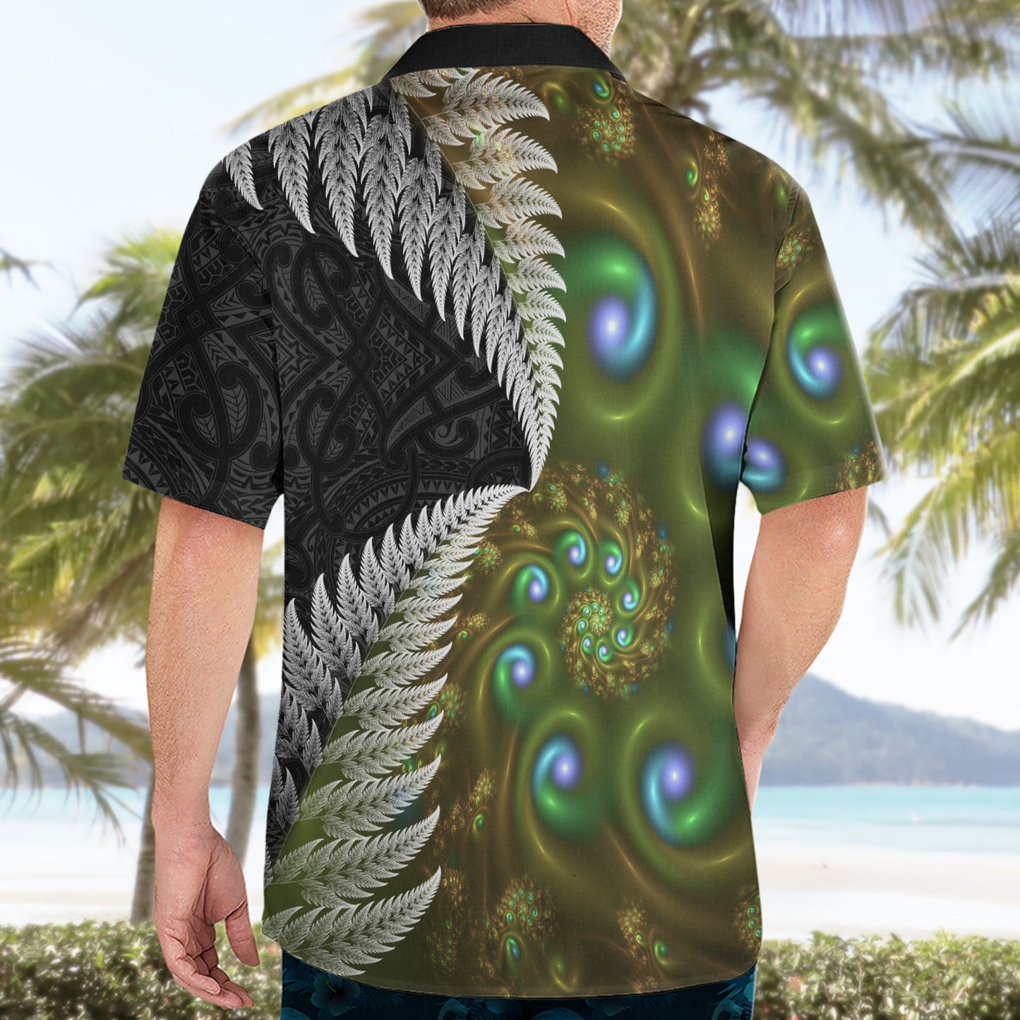 Neuseeländisches Hawaiihemd Koru Abstrakte Kunst und Silberfarn Maori Muster LT03