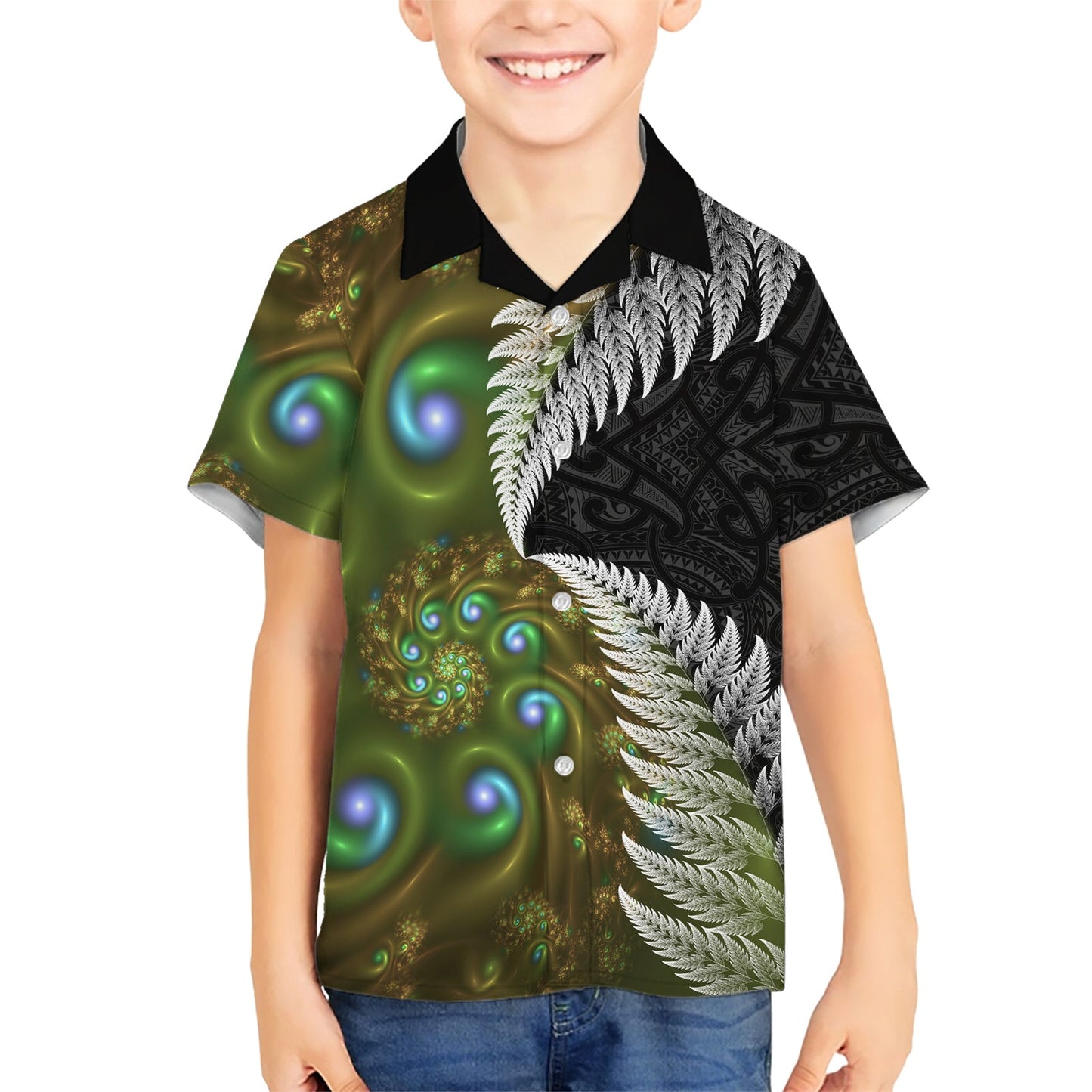 Neuseeländisches Hawaiihemd Koru Abstrakte Kunst und Silberfarn Maori Muster LT03