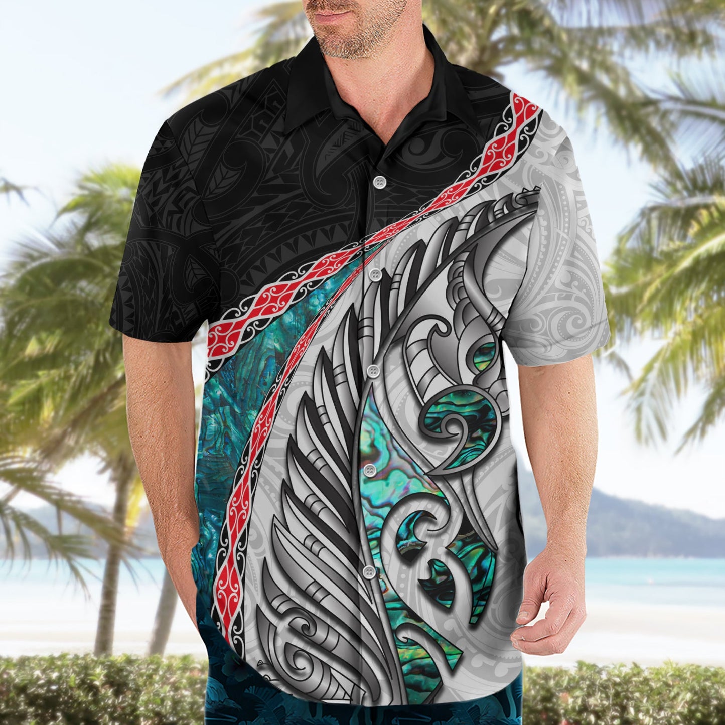 Neuseeländisches Hawaiihemd Manaia Farn und Koru Maori Muster LT03