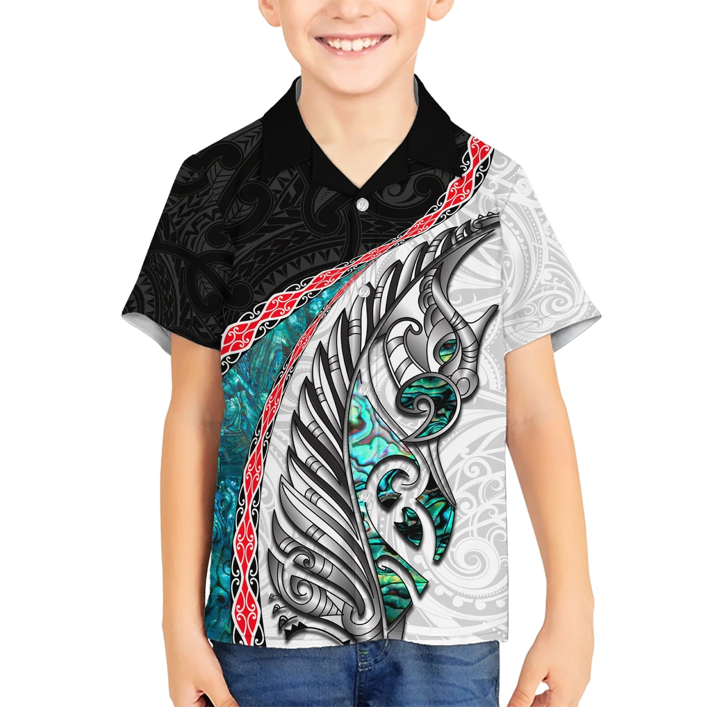 Neuseeländisches Hawaiihemd Manaia Farn und Koru Maori Muster LT03