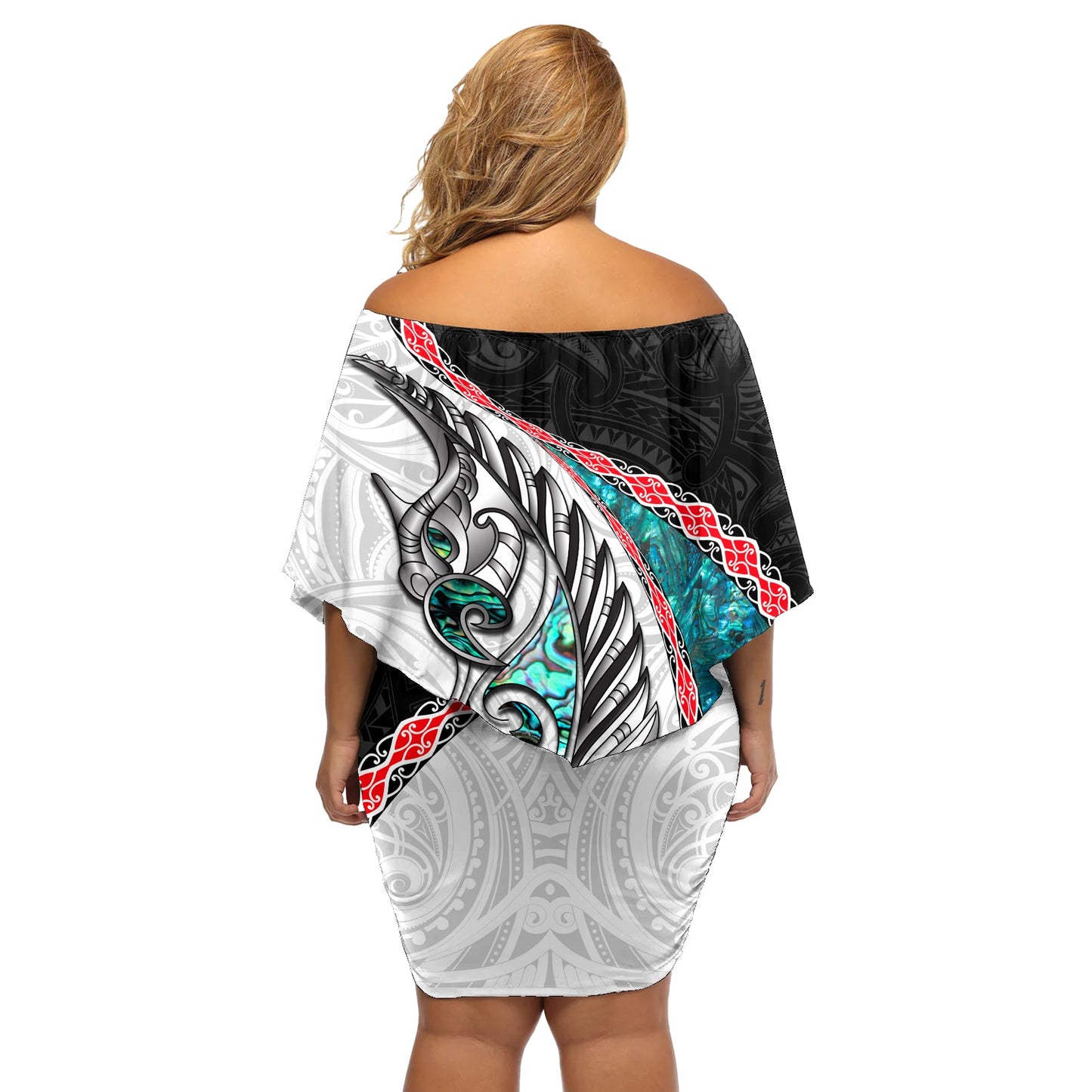 Neuseeländisches schulterfreies kurzes Kleid blumen Manaia Farn und Koru Maori Muster LT03