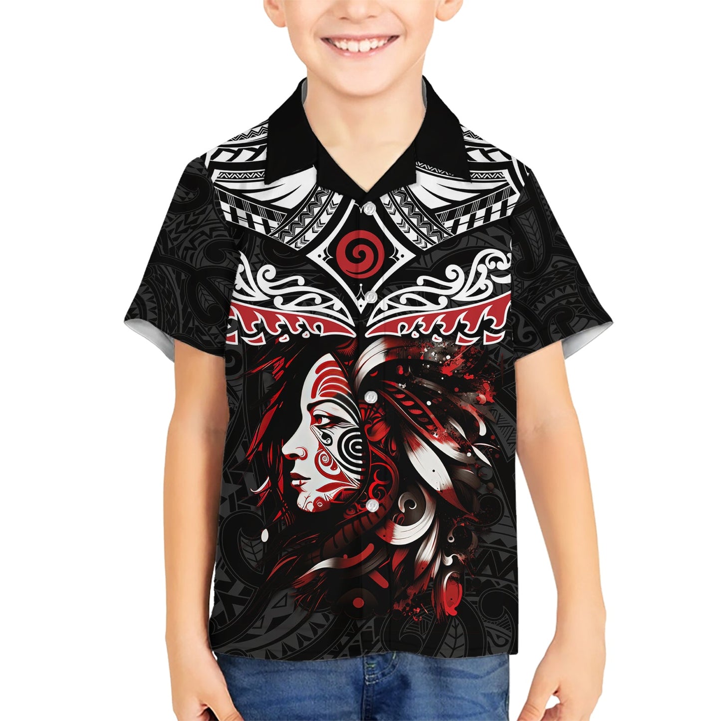 Hawaiihemd für neuseeländische Maori-Mädchen, Muster Silberfarn und Koru LT03