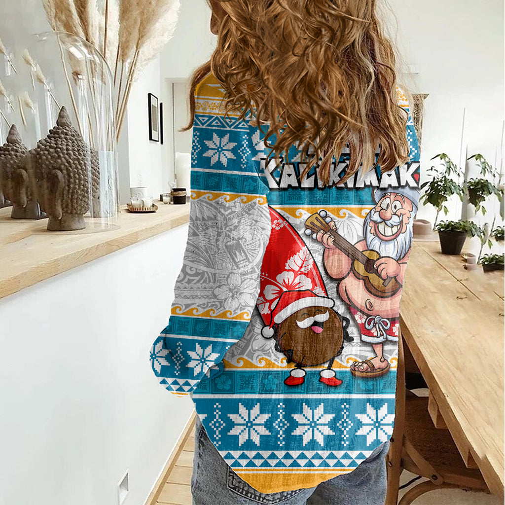 Hawaii Mele Kalikimaka Damen Freizeithemd Lustiger Weihnachtsmann und Kokosnuss Mix Kakau Muster LT03