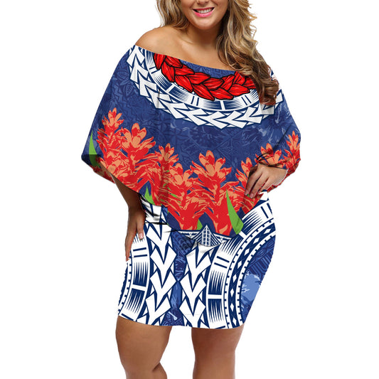 Samoan Tapa Off Shoulder Short Dress Ula Fala and Teuila Flower LT03 Women Blue - Polynesian Pride