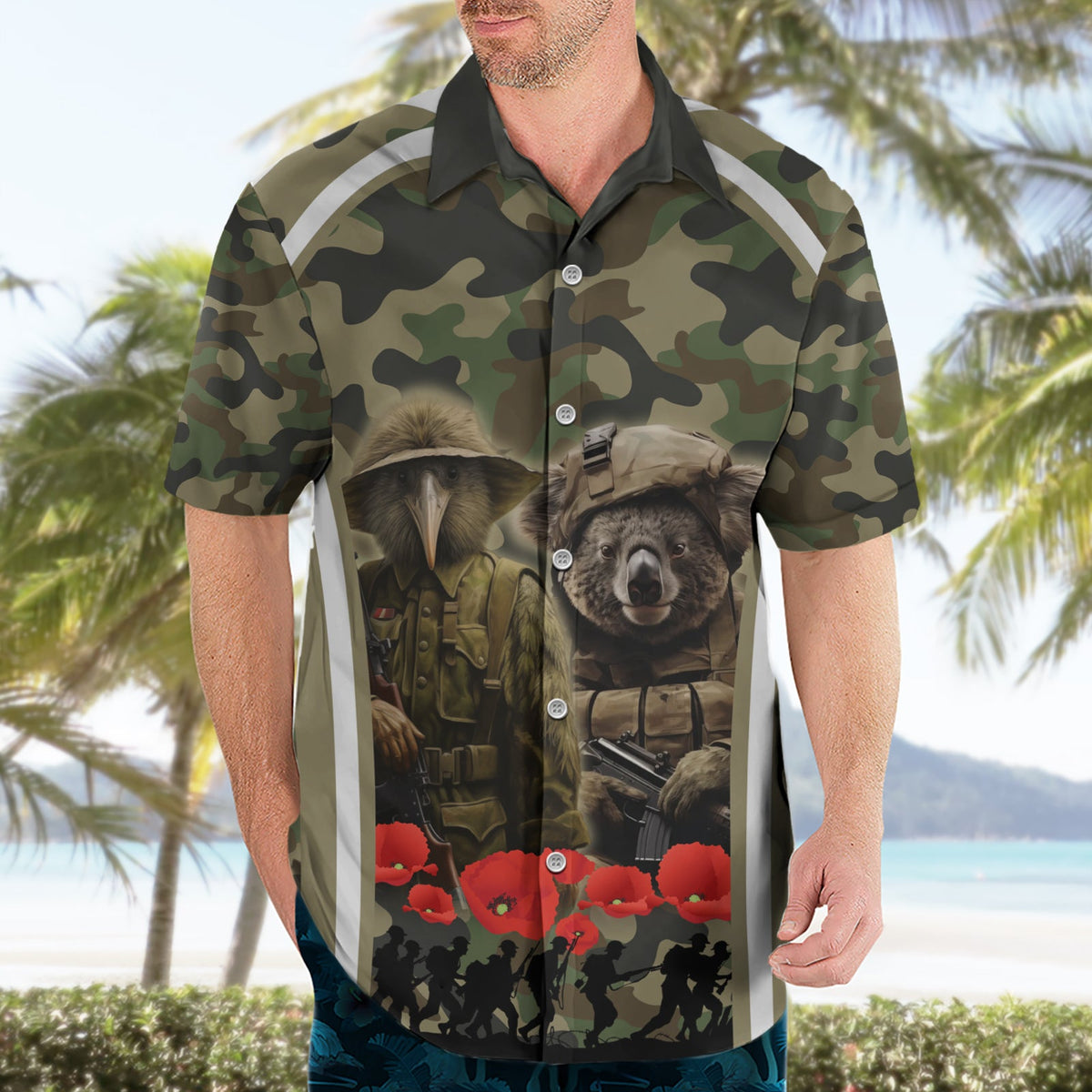 Neuseeland und Australien ANZAC Day Hawaiihemd Koala und Kiwi Vogel Soldat Gallipoli Camouflage Stil LT03