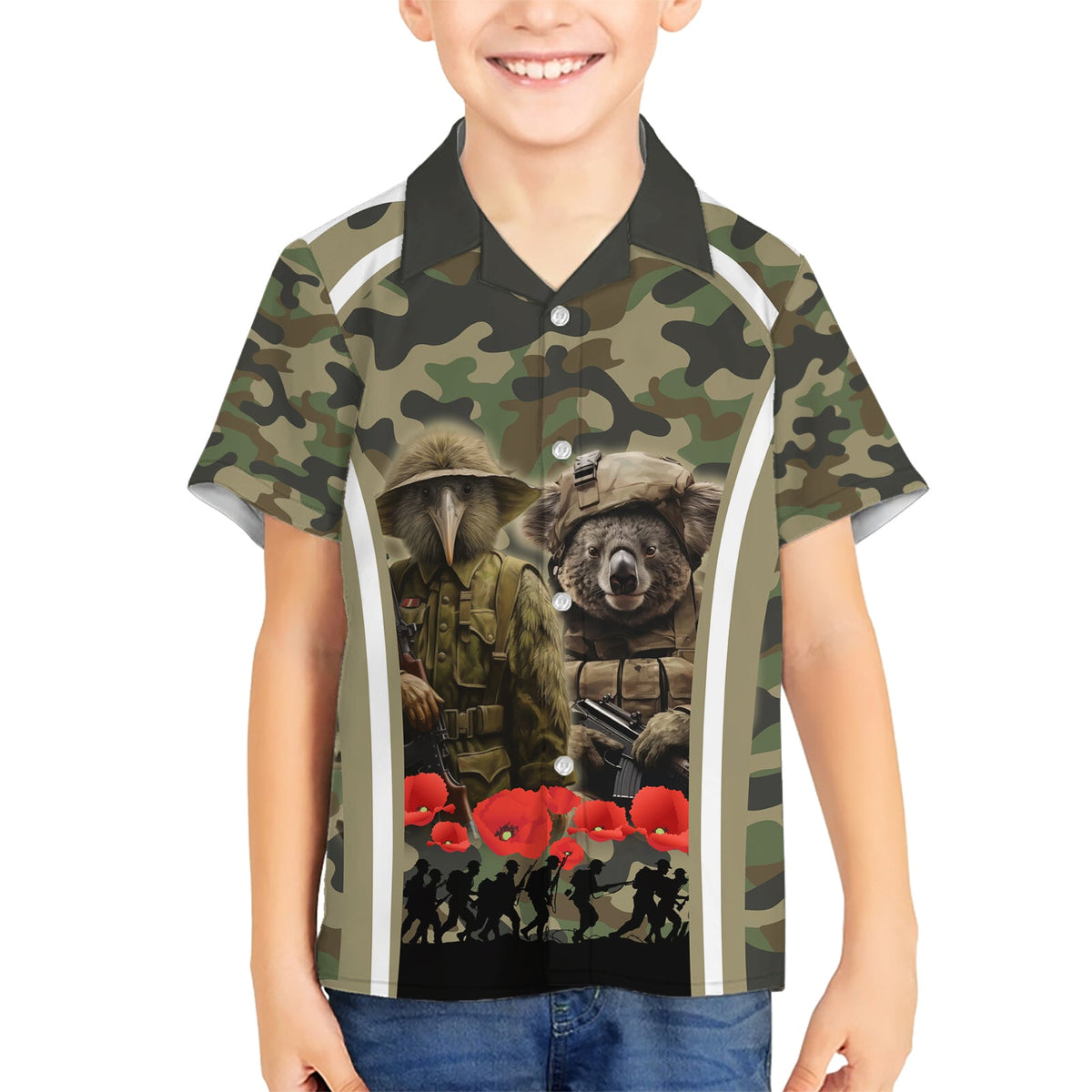 Neuseeland und Australien ANZAC Day Hawaiihemd Koala und Kiwi Vogel Soldat Gallipoli Camouflage Stil LT03