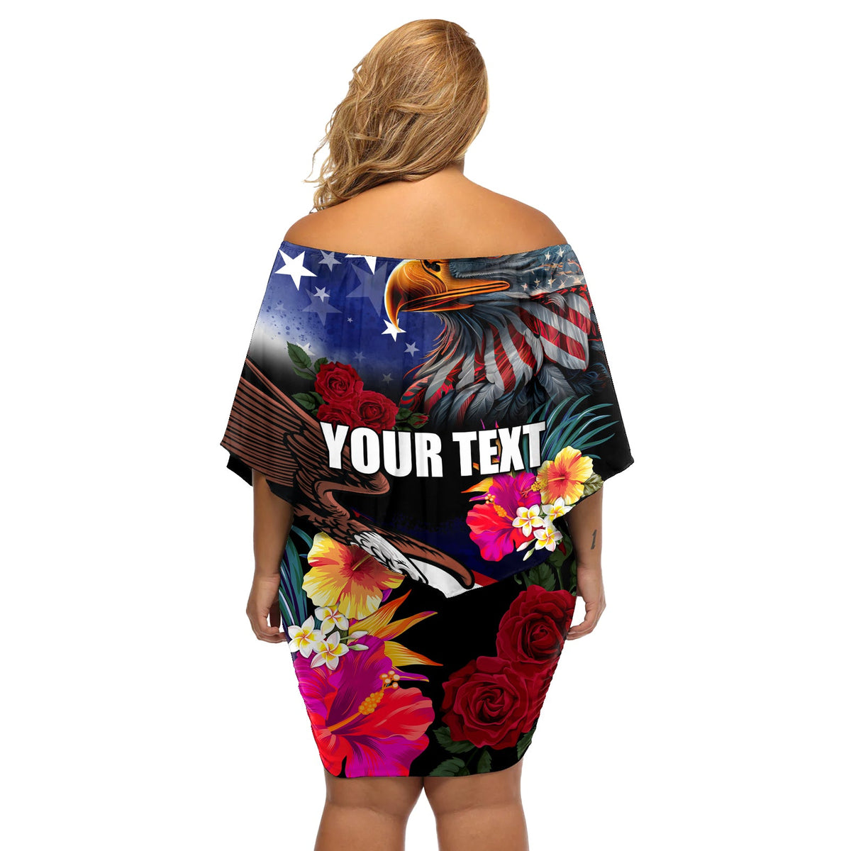 Personalisiertes schulterfreies kurzes Kleider blumen aus den Vereinigten Staaten und Amerikanisch-Samoa, Weißkopfseeadler, Rose und Hibiskusblüte LT03