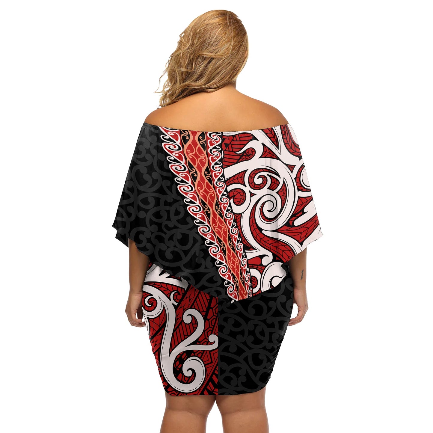 Neuseeländisches Maori Stilisiertes Koru Schulterfreies Kurzes Kleid blumen LT03