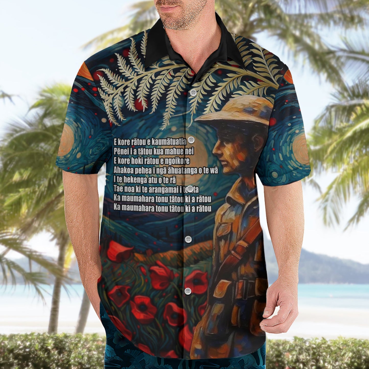 Neuseeländischer Soldat ANZAC Day Hawaiihemd Silberfarn Sternennacht Stil LT03