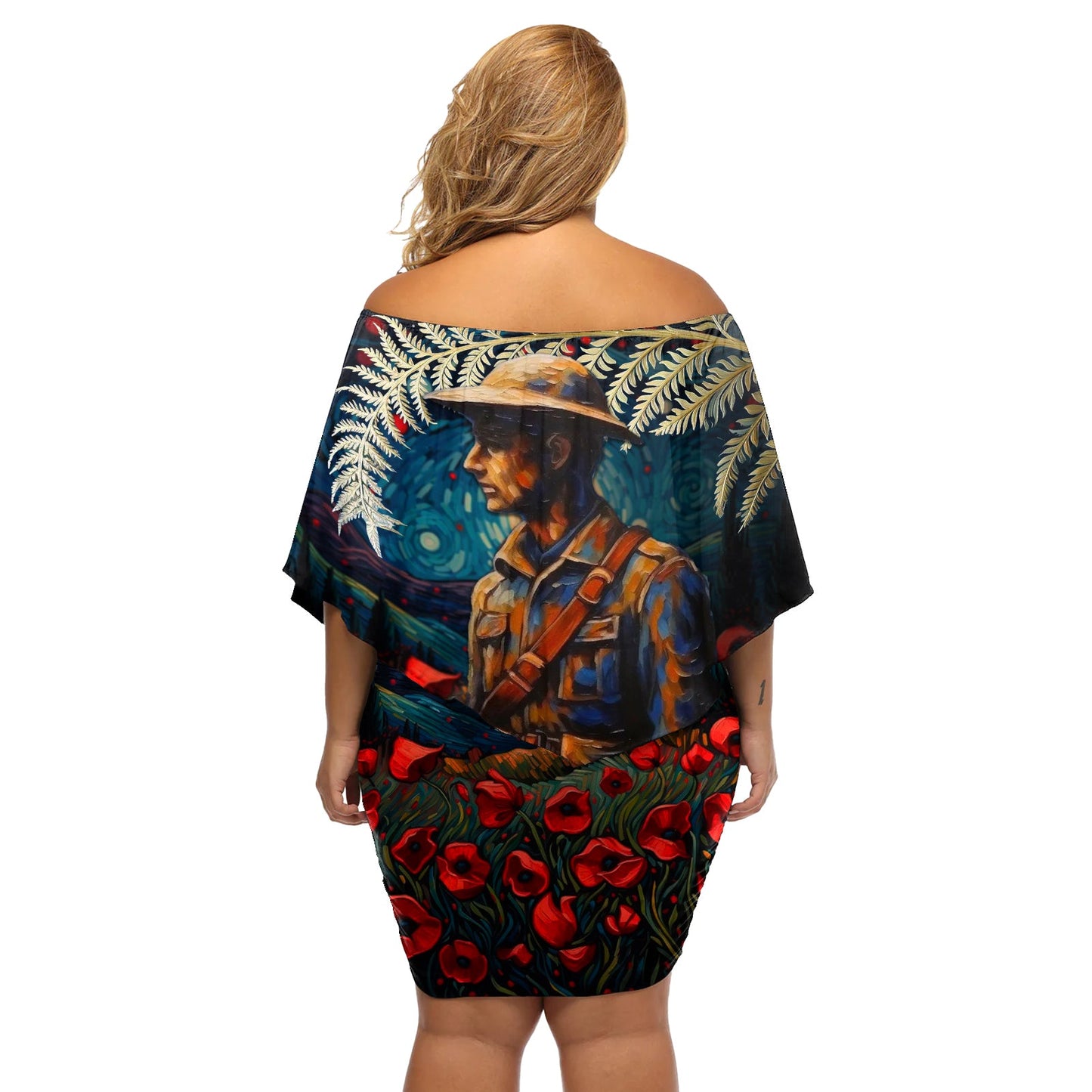 Neuseeländischer Soldat ANZAC Day Schulterfreies Kurzes Kleid blumen Silberfarn Sternennacht Stil LT03