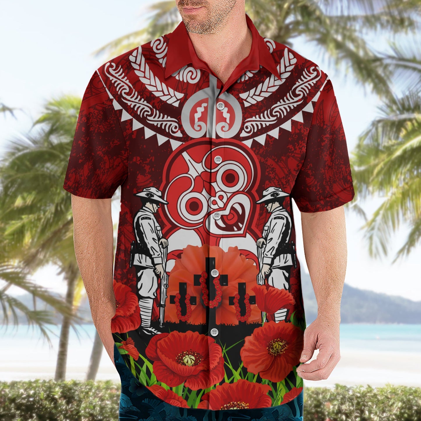 Neuseeland ANZAC Waitangi Day Hawaiihemd Hei Tiki und Soldat LT03