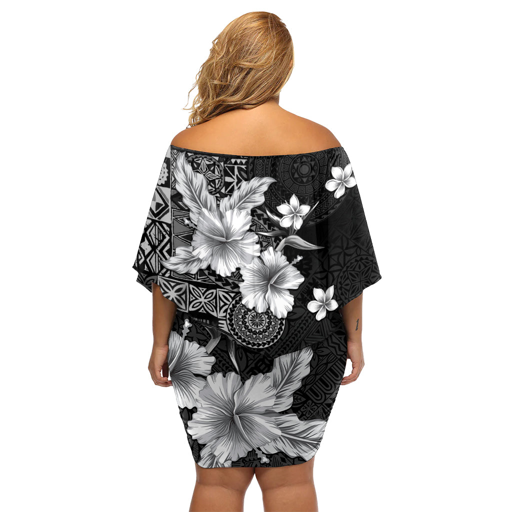 Hawaii Tapa Muster mit schwarzem Hibiskus Off Shoulder Kurzes Kleid Blumen LT05