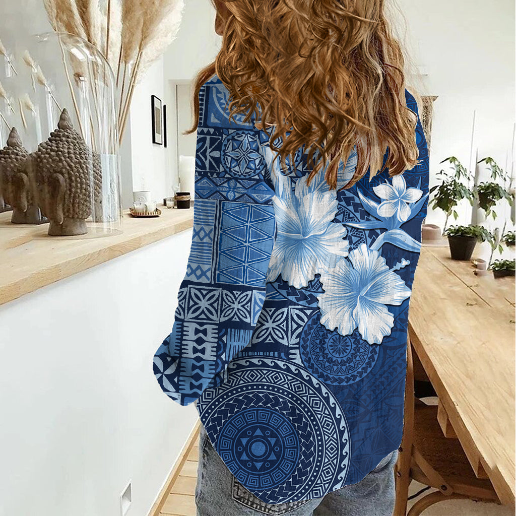 Hawaii Tapa Muster mit Marine Hibiscus Damen Freizeithemd LT05