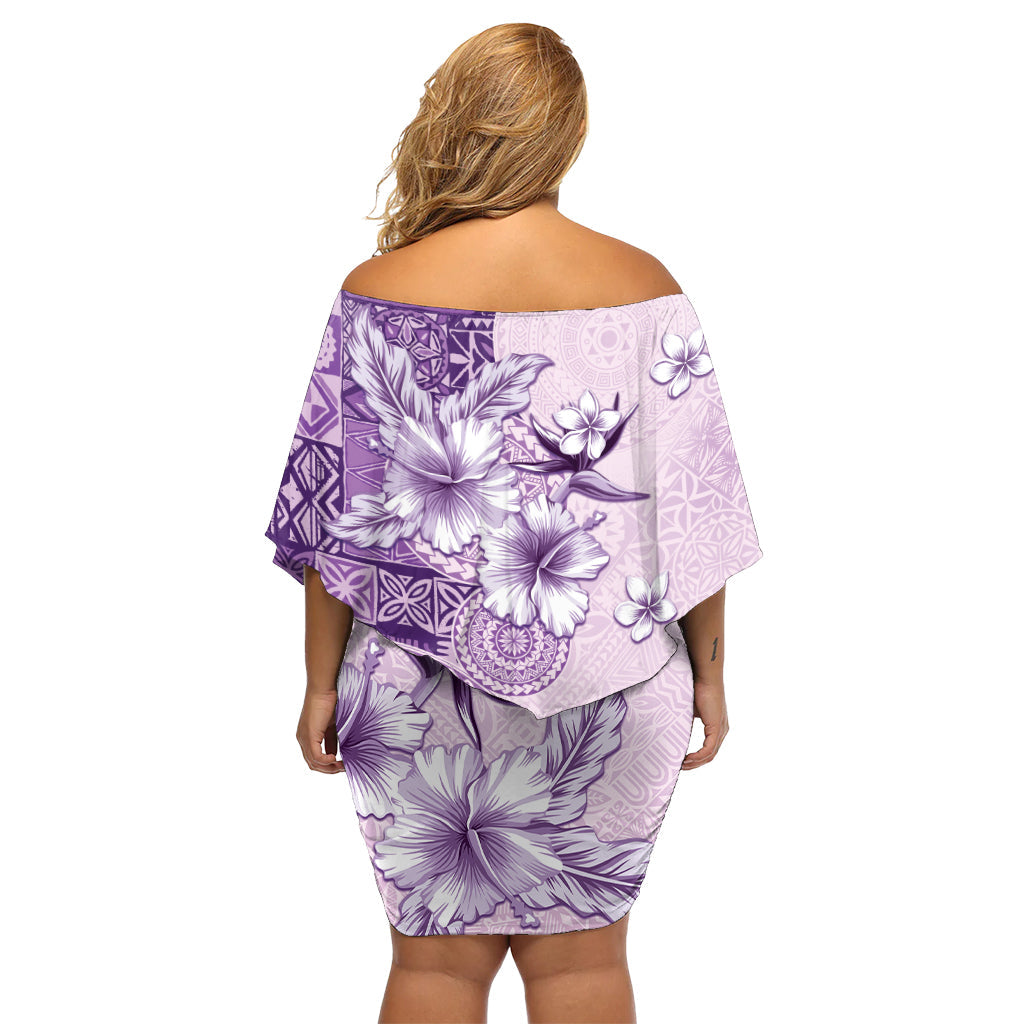 Hawaii Tapa Muster mit violettem Hibiskus Off Shoulder Kurzes Kleid Blumen LT05